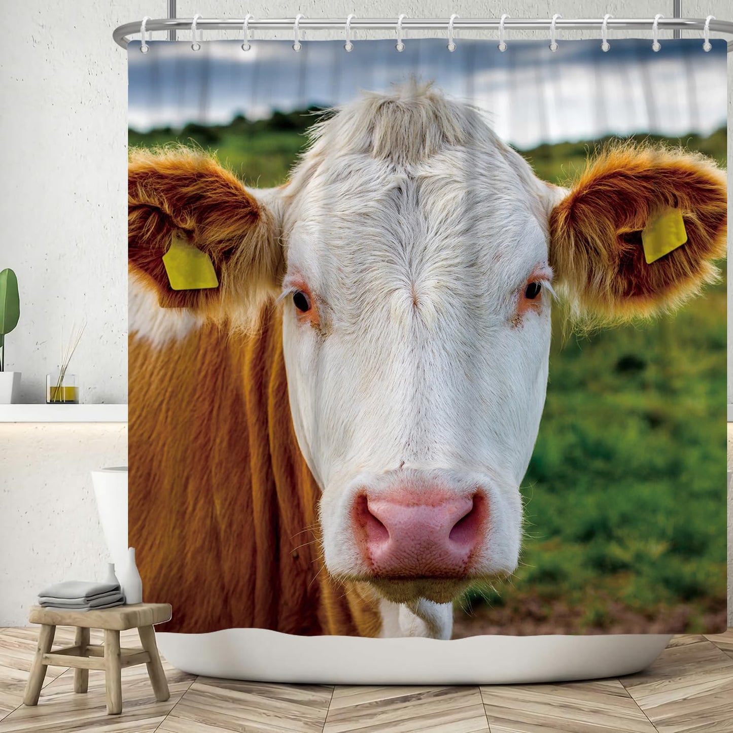 ASDCXZ Funny Shower Curtain 180x200 cm, Funny Cow Head Bath Washable Shower Curtains Polyester Textile Waterproof Bath Curtain for Bathtub with 12
