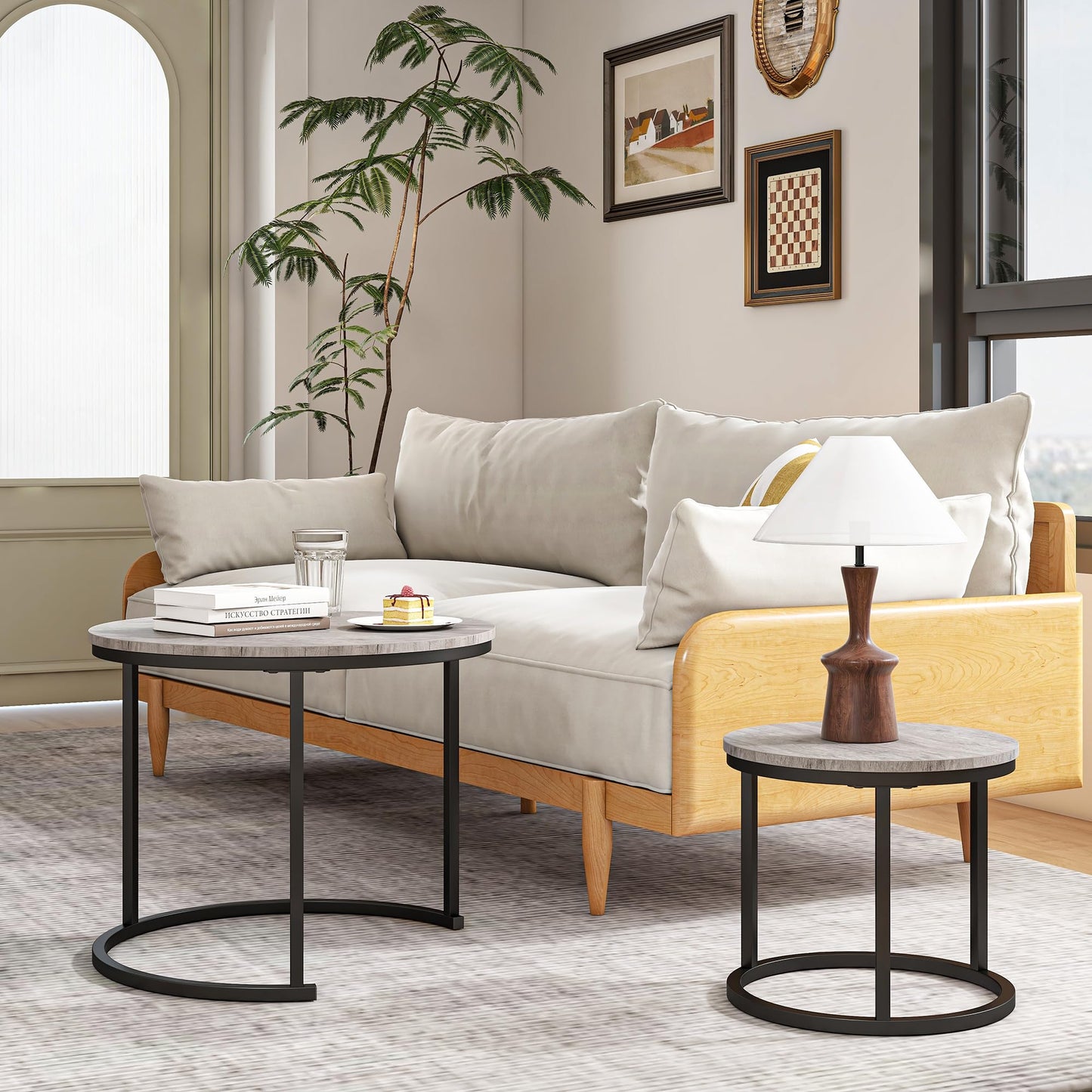 HOJINLINERO Small Round Nesting Coffee Table Set of 2 with Metal Frame and Wood Top, Modern Stacking Side Table for Living Room, Bedroom, Office