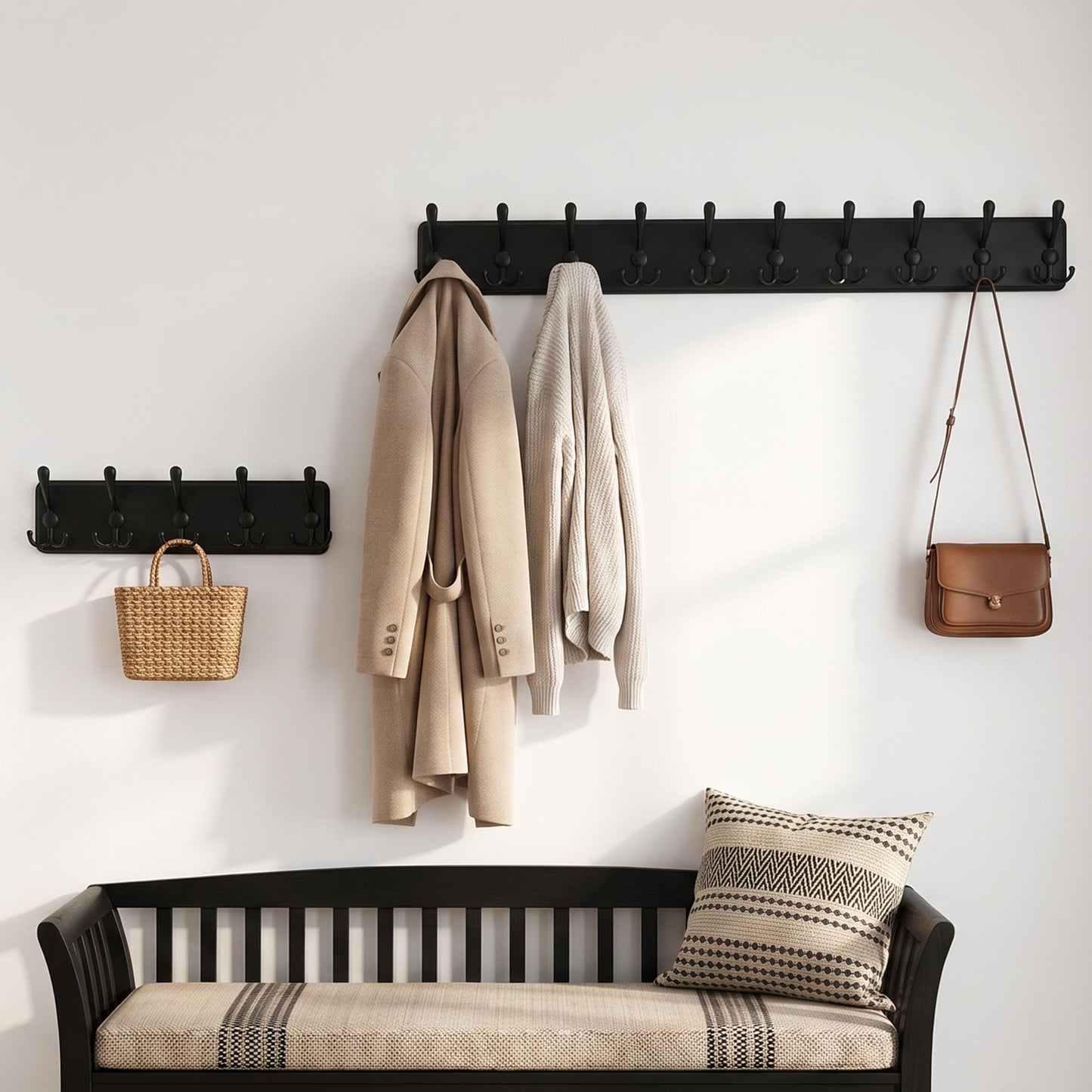 WEBI Coat Rack Wall Mounted,Wood Coat Hooks Wall Mounted Rustic,16" Hole to Hole,Large Coat Hanger Wall,Hook Rack,5 Triple Hooks for Hanging