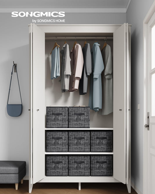 SONGMICS Storage Cubes, 33 cm Non-Woven Fabric Bins with Double Handles, Set of 8, Wardrobe Organisers for Shelves, Foldable, for Clothes, Ink Black