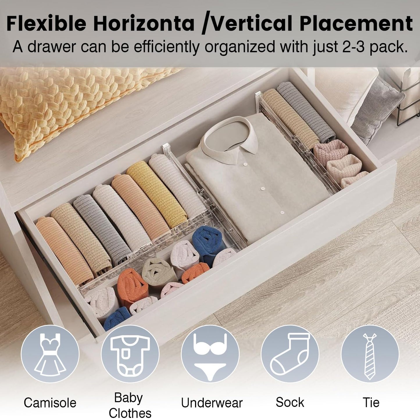 Yyyuluo 2 Pack 3.1" High Profile Drawer Dividers Organisers - Adjustable 10.8"-20.5" Width, Clear Plastic for Underwear, Socks, Baby Essentials