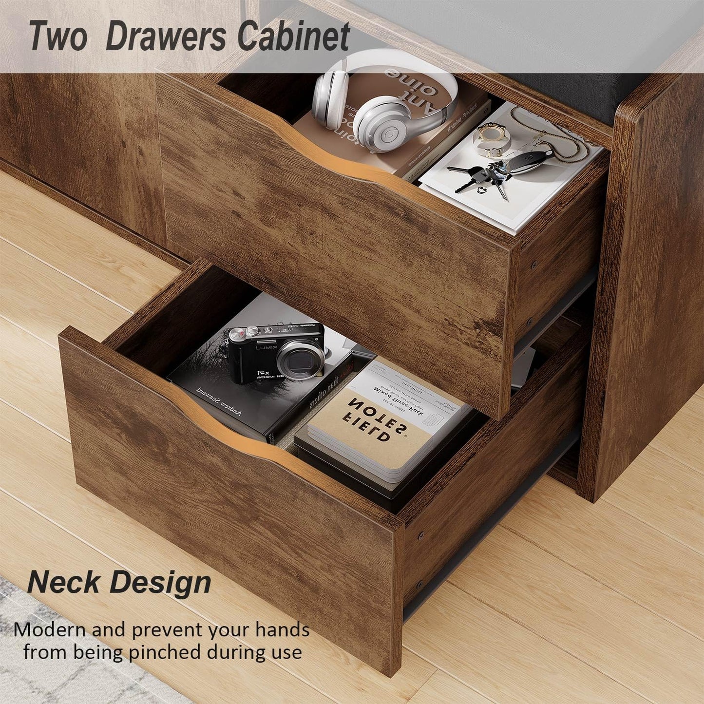 LVB Entryway Shoe Bench, Rustic Storage Bench with Cushioned Seat, Long Hidden Shoe Organizer Bench with 2 Drawers