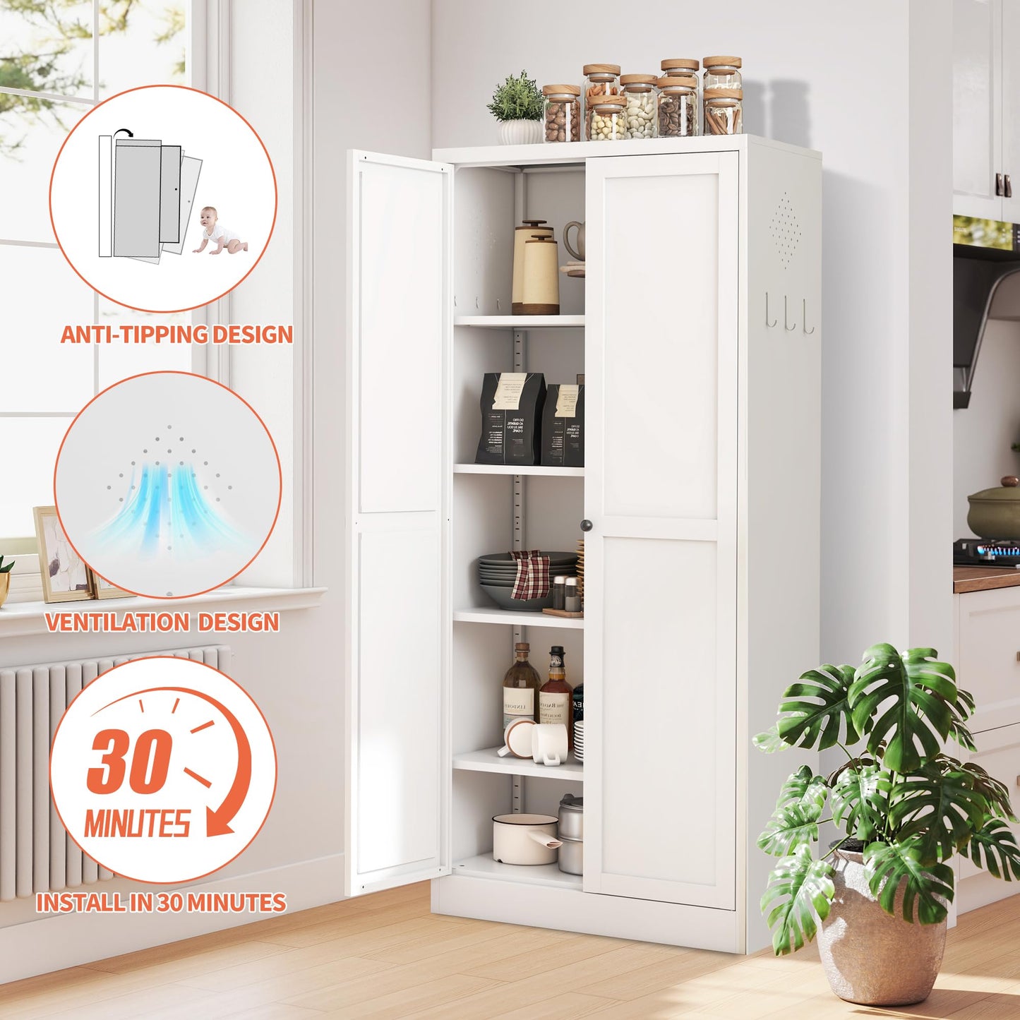 IKIMI 61" Metal Storage Cabinet with 2 Doors and 4 Adjustable Shelves,Steel Filing Cabinets 5-Tier Tool Cabinet,Sideboard Pantry Cabinet,White