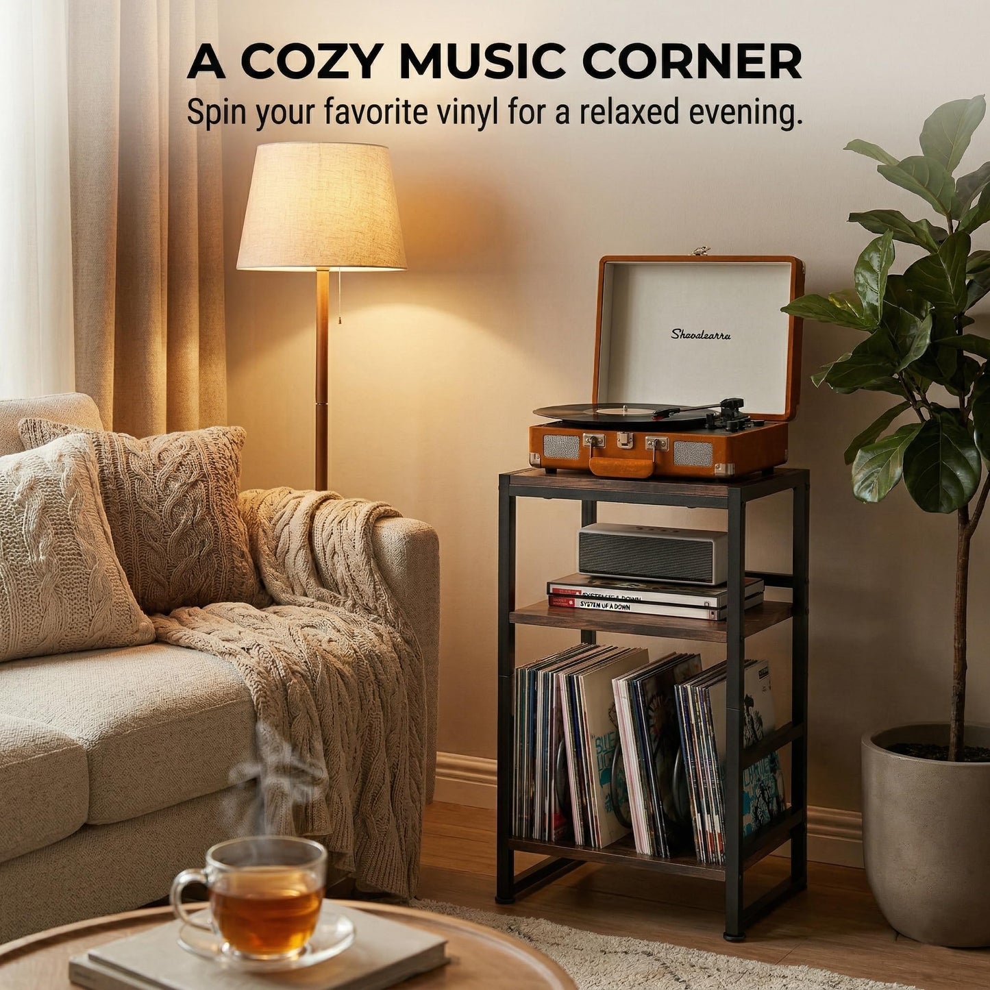 ZEXVIDA Vinyl Record Player Stand, 3-Tier End Table with Vinyl Record Storage, Record Player Table Holder Cabinet Up to 120 Albums for Living Room