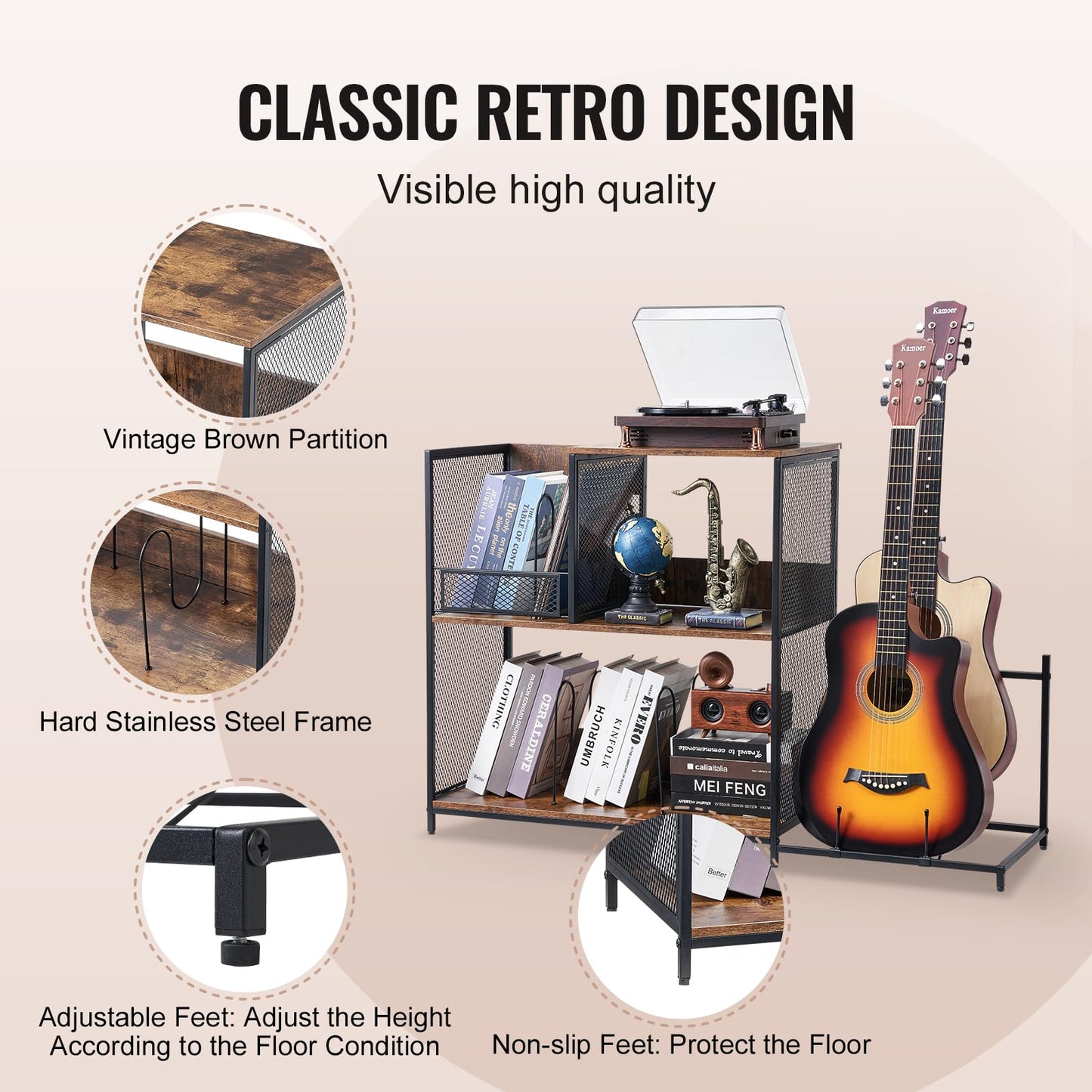 VEVOR 3-Tier Record Player Stand with Guitar Holder, Turntable Stand with Storage Holds Up to 300 Albums