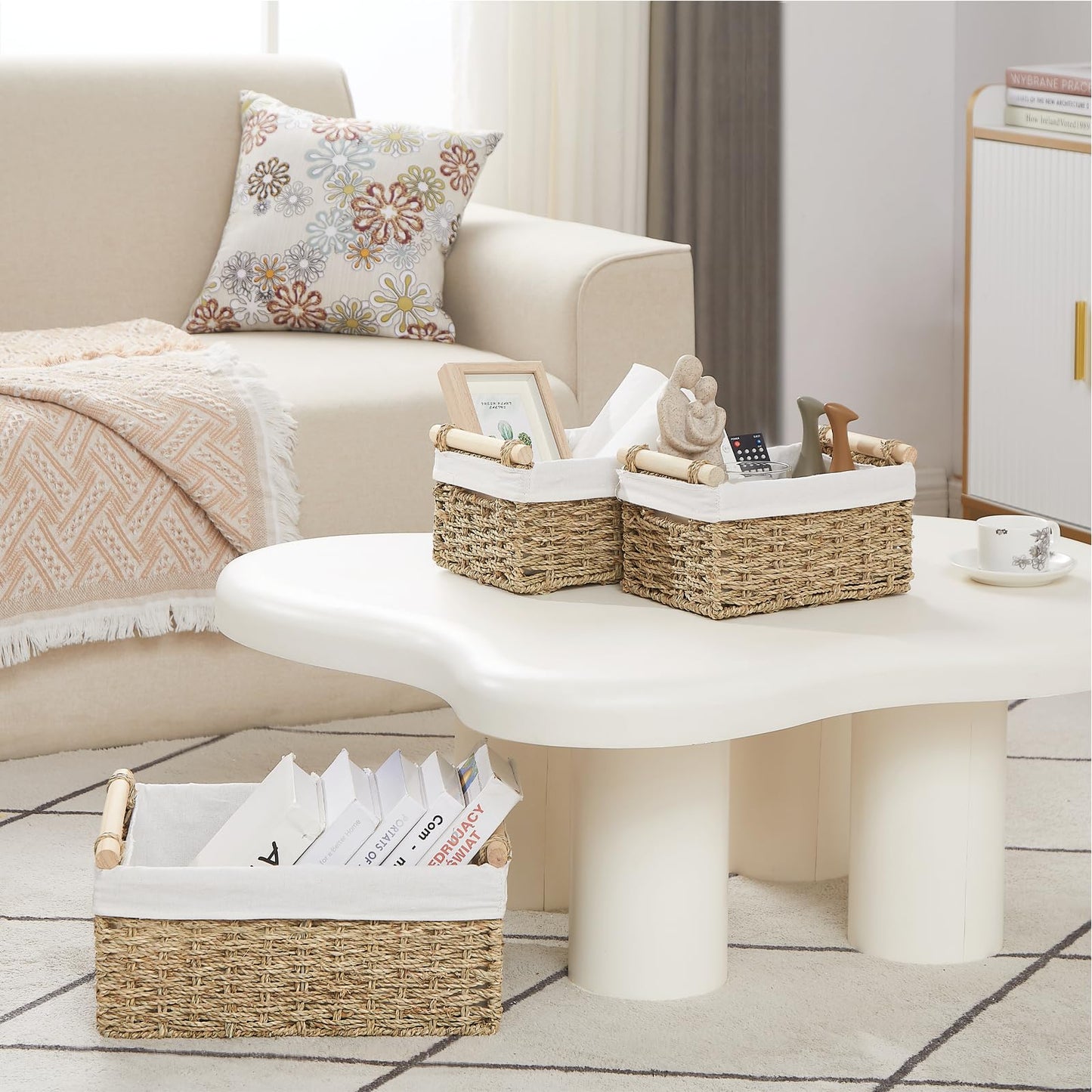 Vagusicc Large Seagrass Storage Basket with Handles, 38 x 30 x 17.5 cm, Set of 3 Hand-woven Wicker Organiser Bins with Cloth Lining
