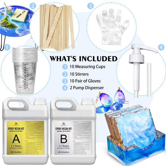 Epoxy Resin Kit - 4.4L / 175oz Crystal Clear Self-Leveling Epoxy Resin with Pump for DIY Resin Art, Table Top, Jewelry Making - 1:1 Ratio Bubbles Free