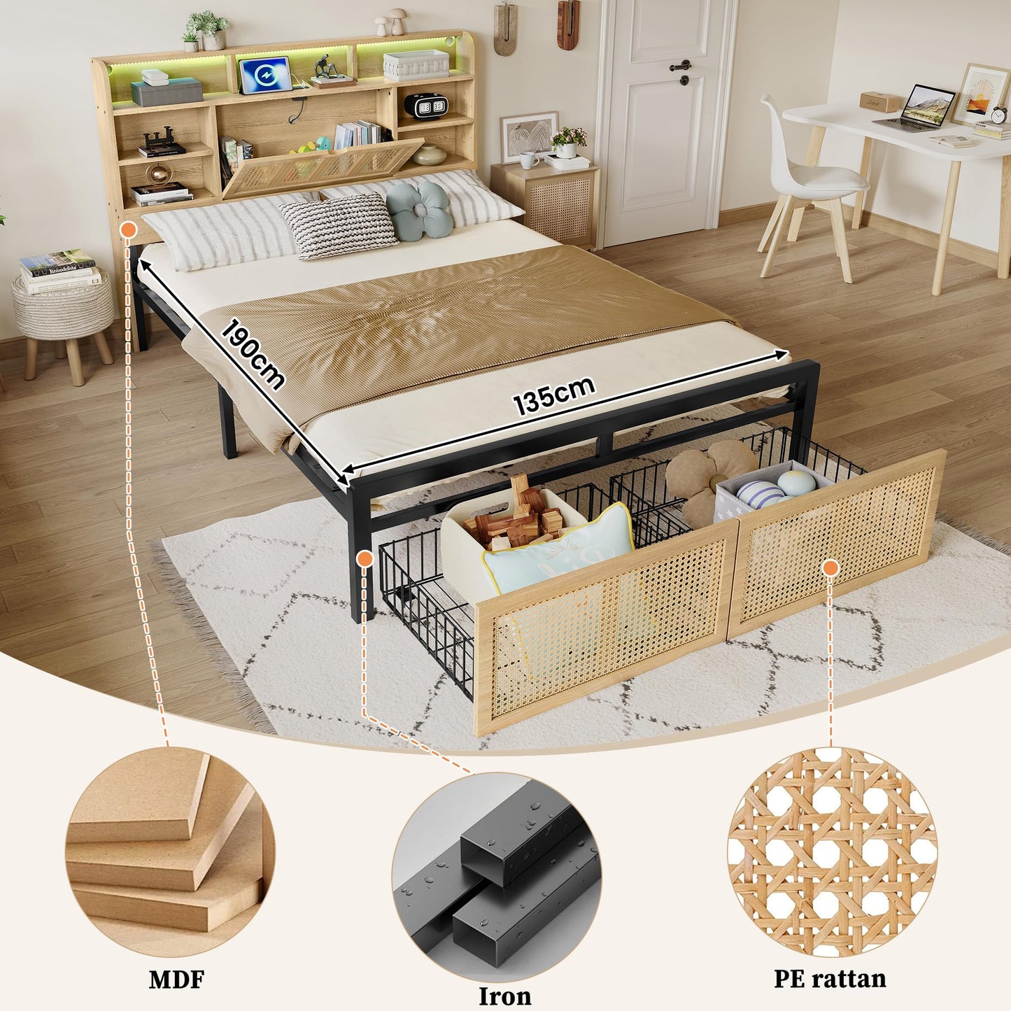 Merax 4ft6 Wooden Bed Frame LED Double Bed Platform Bed 135x190cm,Charging Port, PE Rattan Drawer with Wheels,MDF + Iron,Wood Colour (NO Mattress)