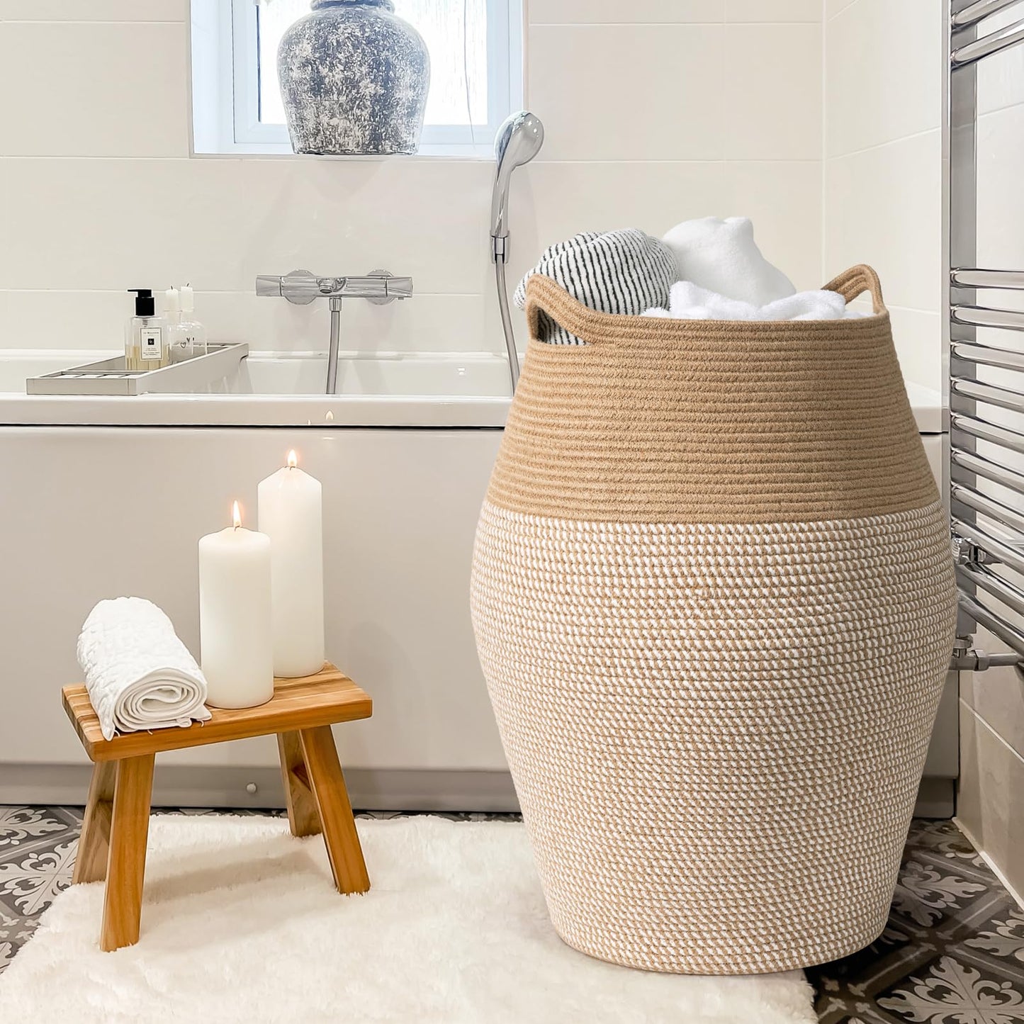 Laundry Hamper Tall Woven Cotton Rope Laundry Basket Dirty Clothes Hamper Kids Curve Laundry Basket Large in Bathroom Laundry Room for Dirty Clothes