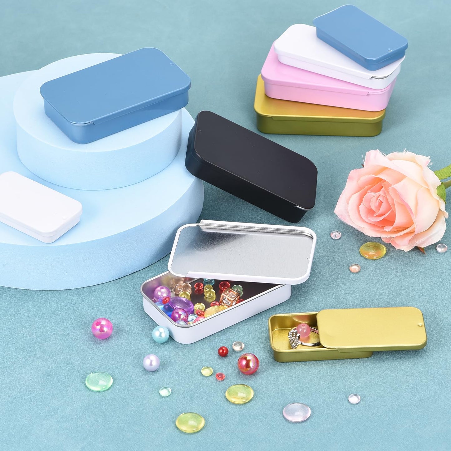 sourcing map 2 Pcs Metal Tin Box Container, 3.1x2x0.6 Inch Slide Top Tin Containers Empty Rectangular Storage Box Portable Mini Tin Case for Candy