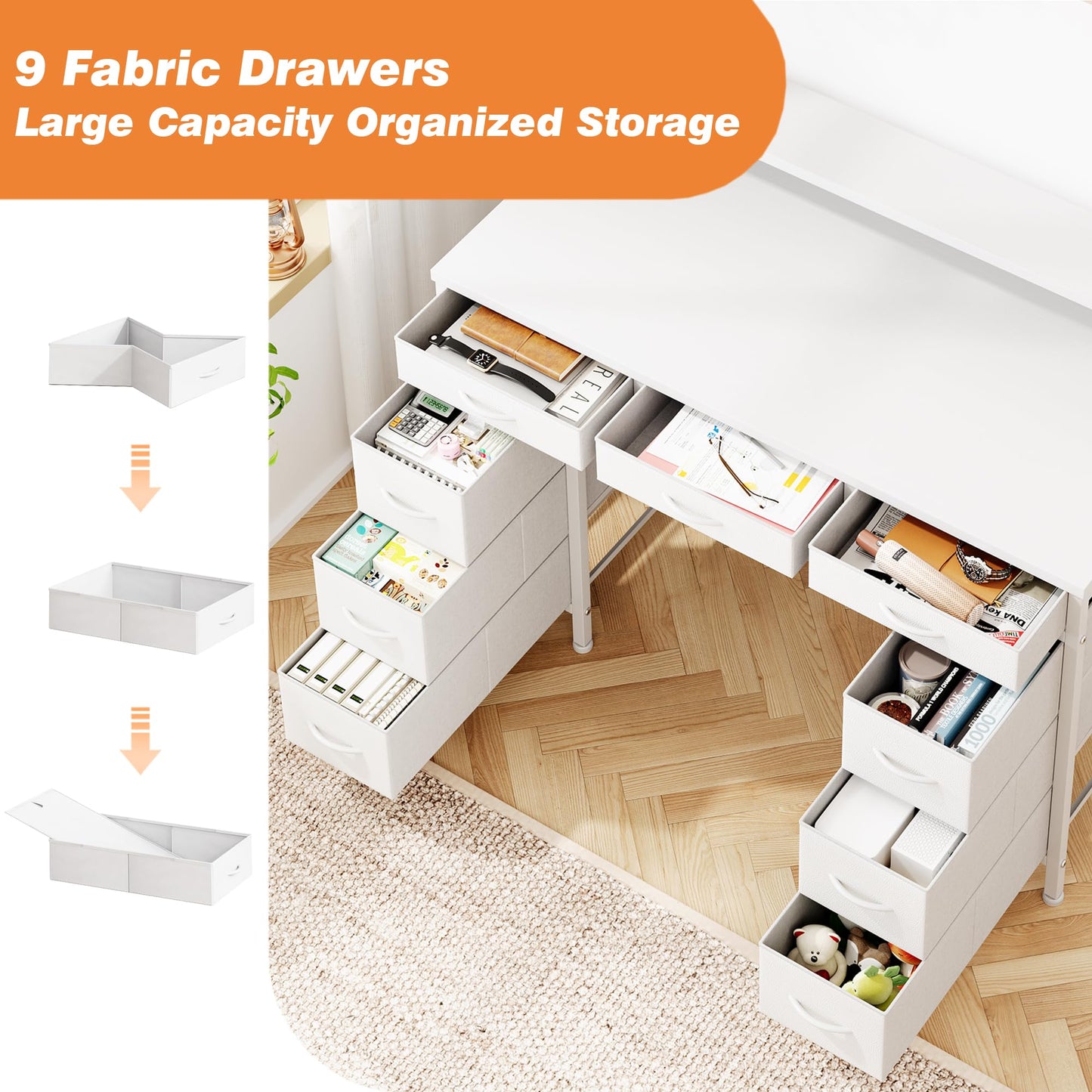 Flrrtenv Computer Desk with 9 Drawers & LED Light, 120 x 50 cm Home Office Desk with Storage & Power Outlets USB Type-C