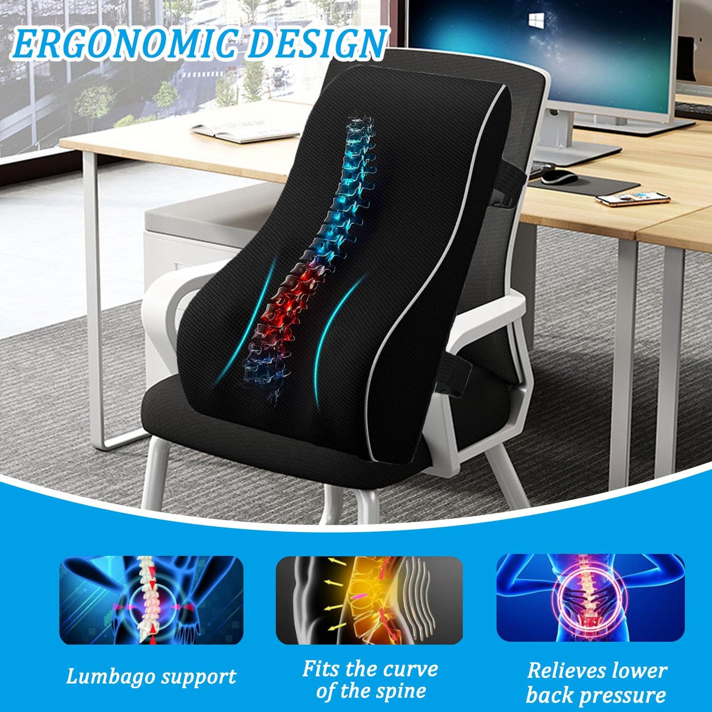 Menmamenma Lumbar Support Pillow for Office Chair Car Memory Foam Back Cushion Large Back Support Pillow for Computer, Gaming Chair