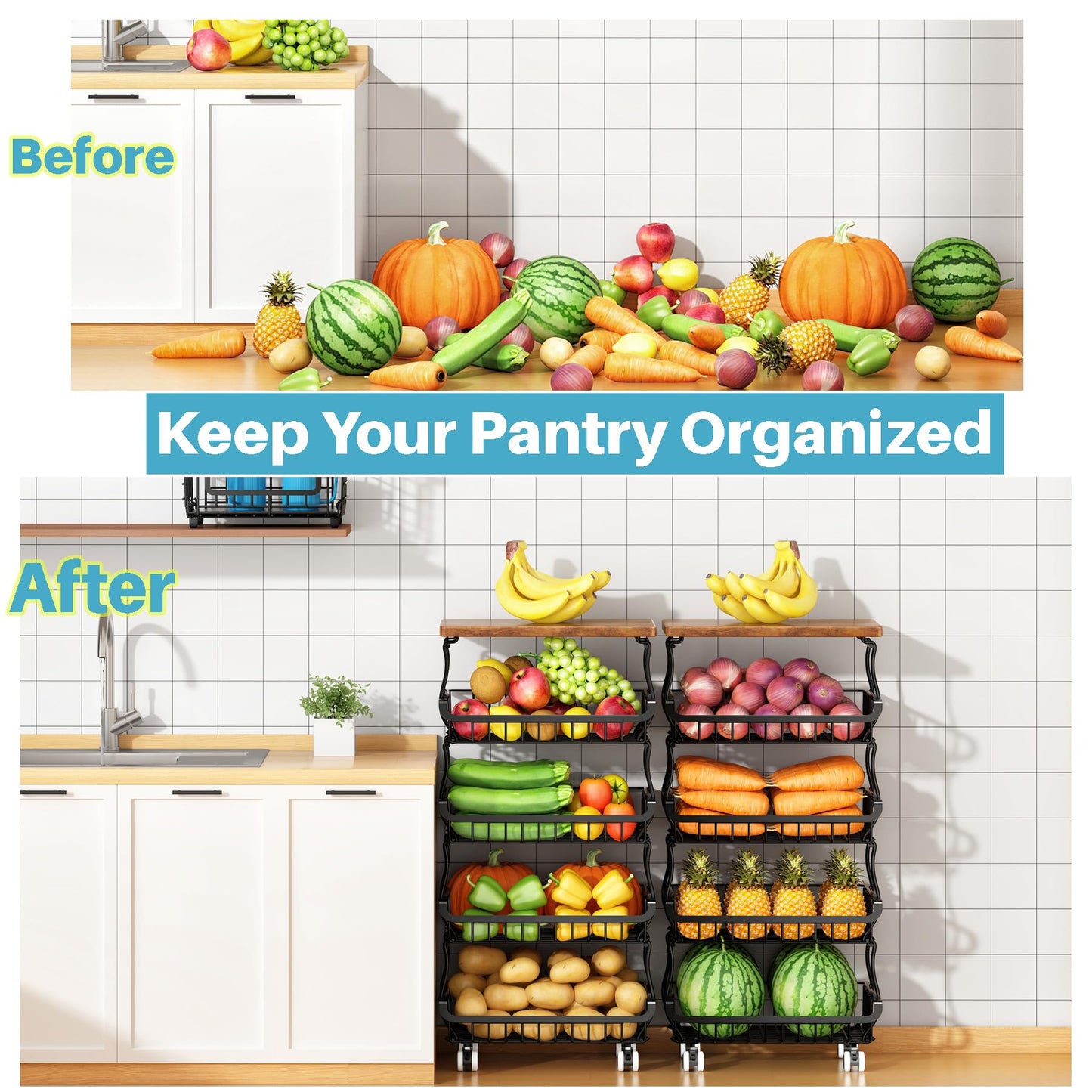 5 Tier Vegetable Fruit Basket for Kitchen, Stackable Metal Fruit and Vegetable Storage Baskets with Rolling Wheels Cart