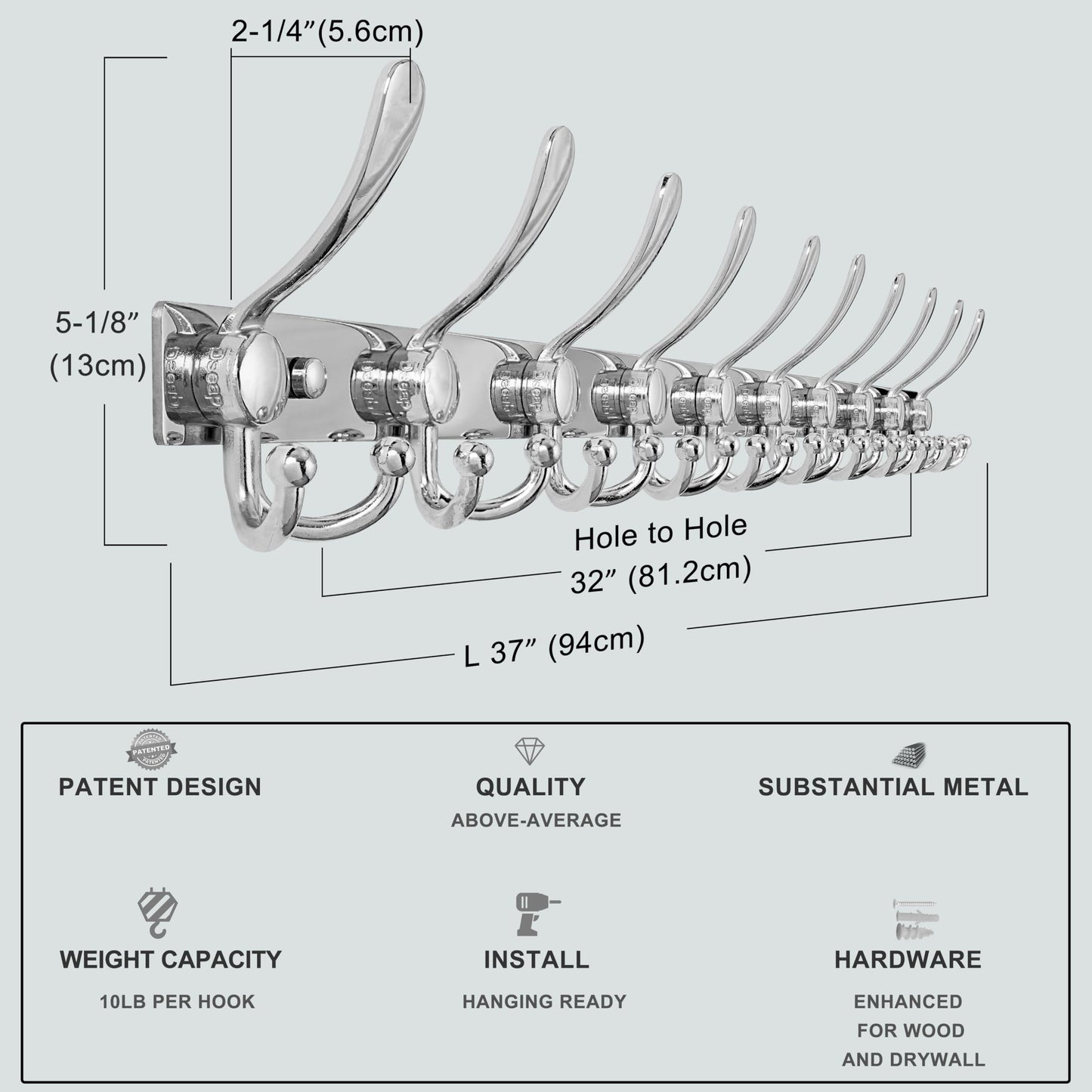 Dseap Coat Rack Wall Mount 94cm, Heavy Duty 2.5mm Base vs Flimsy 1mm, Double-Thick Solid Anti-Snap Hooks