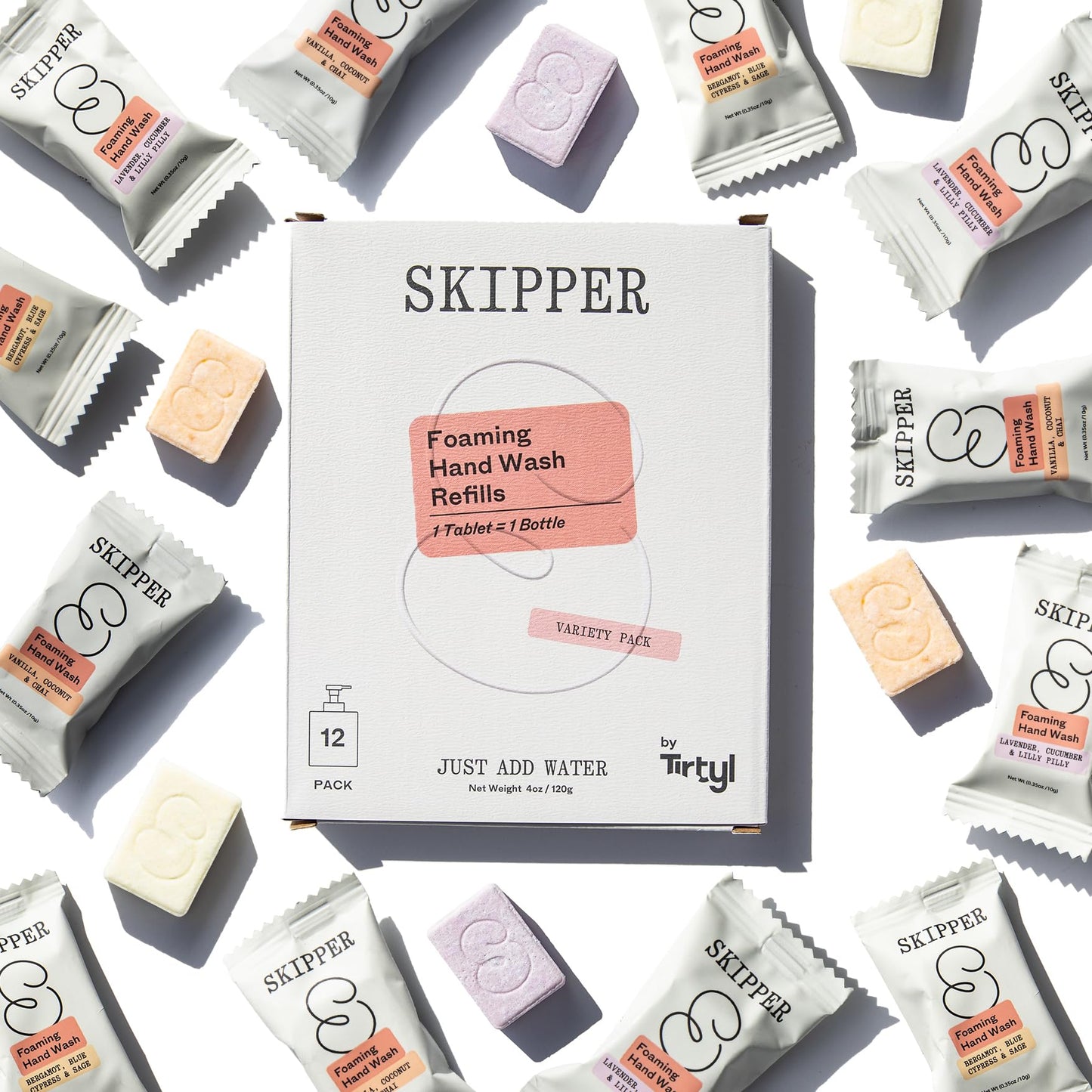 Tirtyl Skipper Foaming Hand Soap Tablet Refills - 12 Pack - 3L total (12x 250ml) - Rebranded - Compostable Packaging - Variety Fragrance Pack