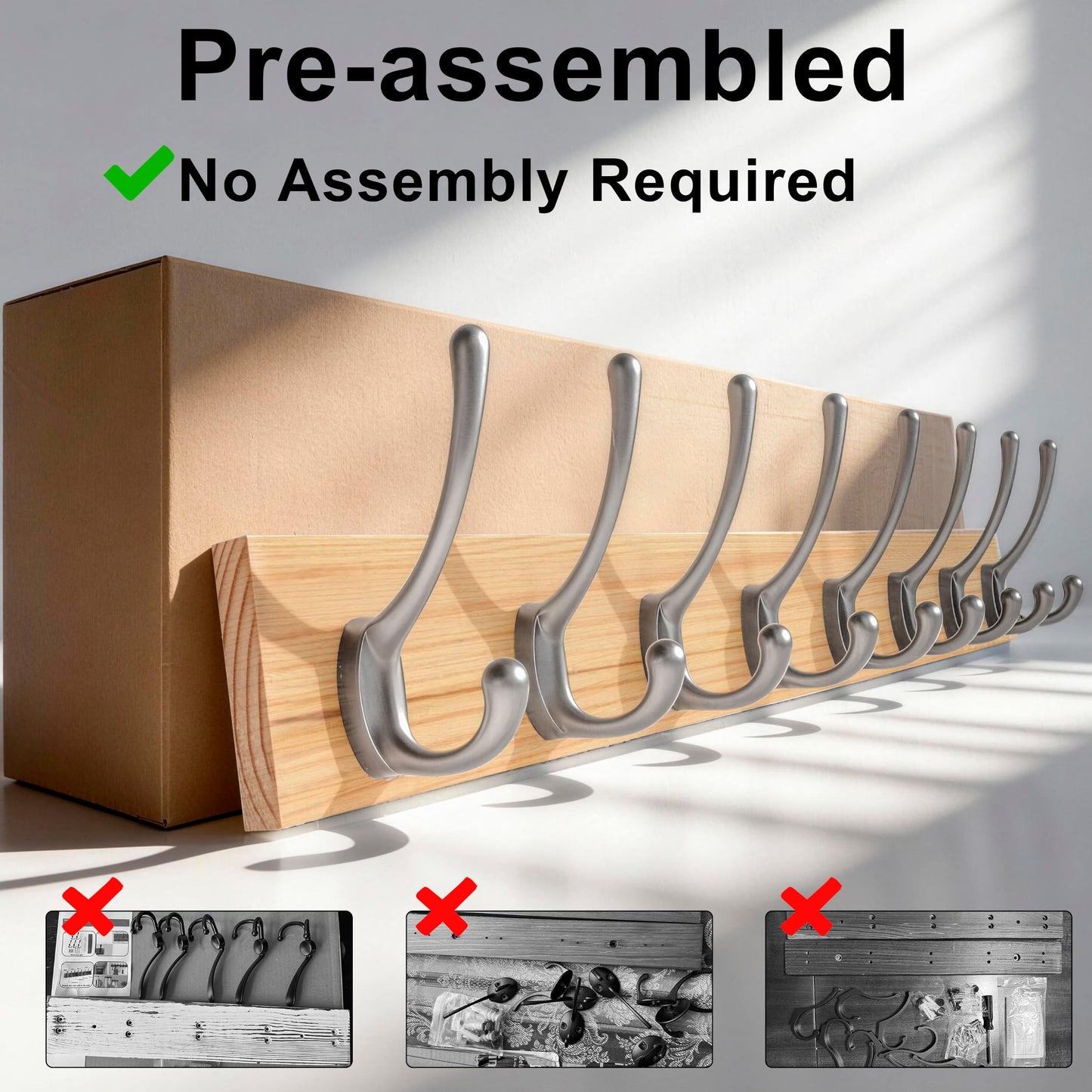 HONSKY Wall Coat Rack - 8 Double Hooks (56cm) | Wooden & Metal Towel/Coat Hanger for Entryway, Bathroom, Bedroom, Garage | Easy Install