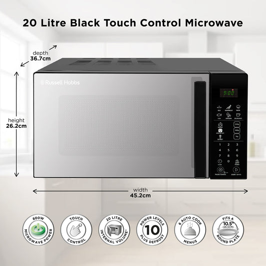 Russell Hobbs RHMT2004B 20 L 800 W Touch Control Digital Solo Microwave in Black with 10 Power Levels, 6 Auto Cook Menus, Defrost Control, Clock and
