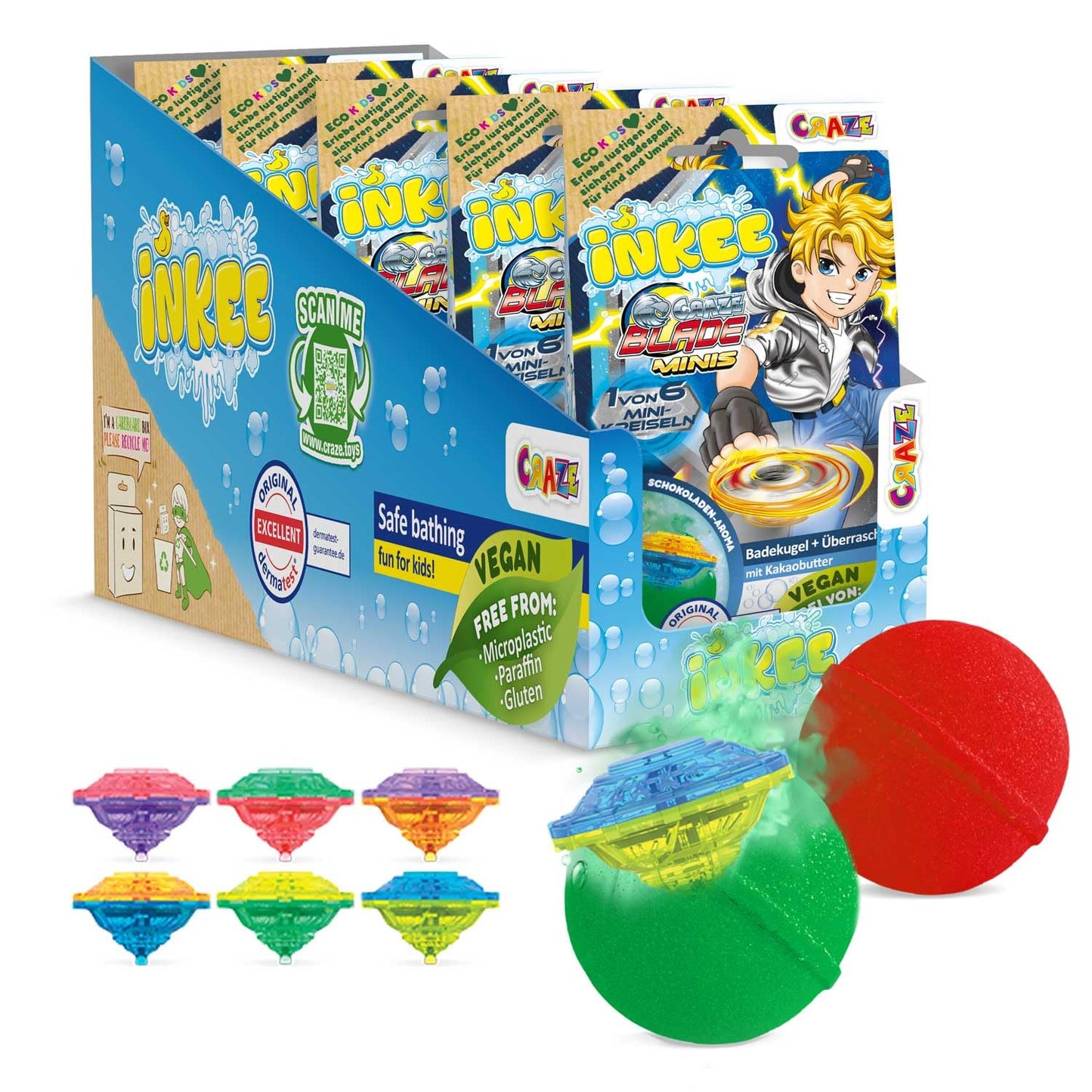 INKEE Kids Bath Bombs with Surprise Blade Spinning Tops ? 5 Pack Chocolate Fragrance Bath Fizzers with Cocoa Butter ? Fun Bath Toys and Gift Set for