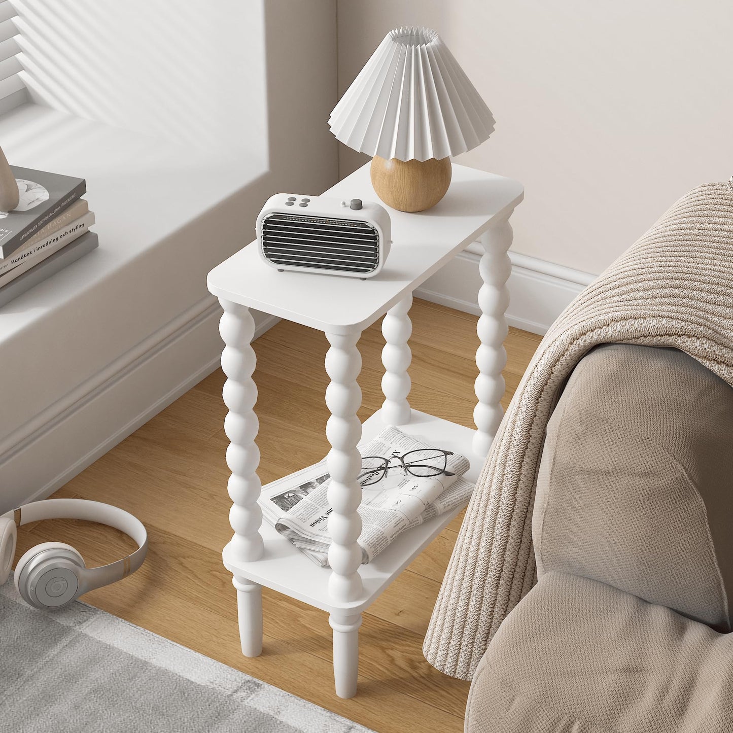 JERX 2-Tier Narrow Side Table Small End Table White