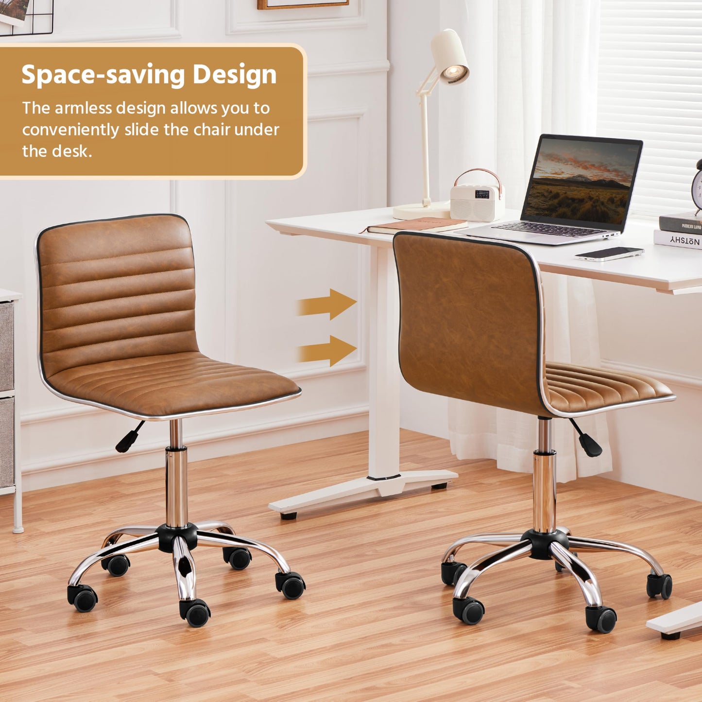 Yaheetech Armless PU Leather Chair Low Back Swivel Comfy Desk Retro Brown