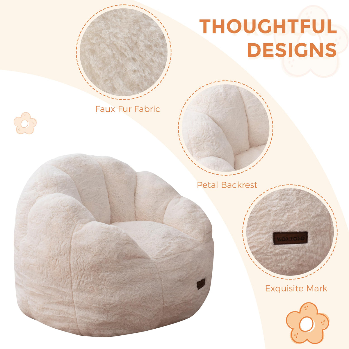 MAXYOYO Kids Floral Shaped Bean Bag Sofa, Includes Filling, Faux Fur Fabric