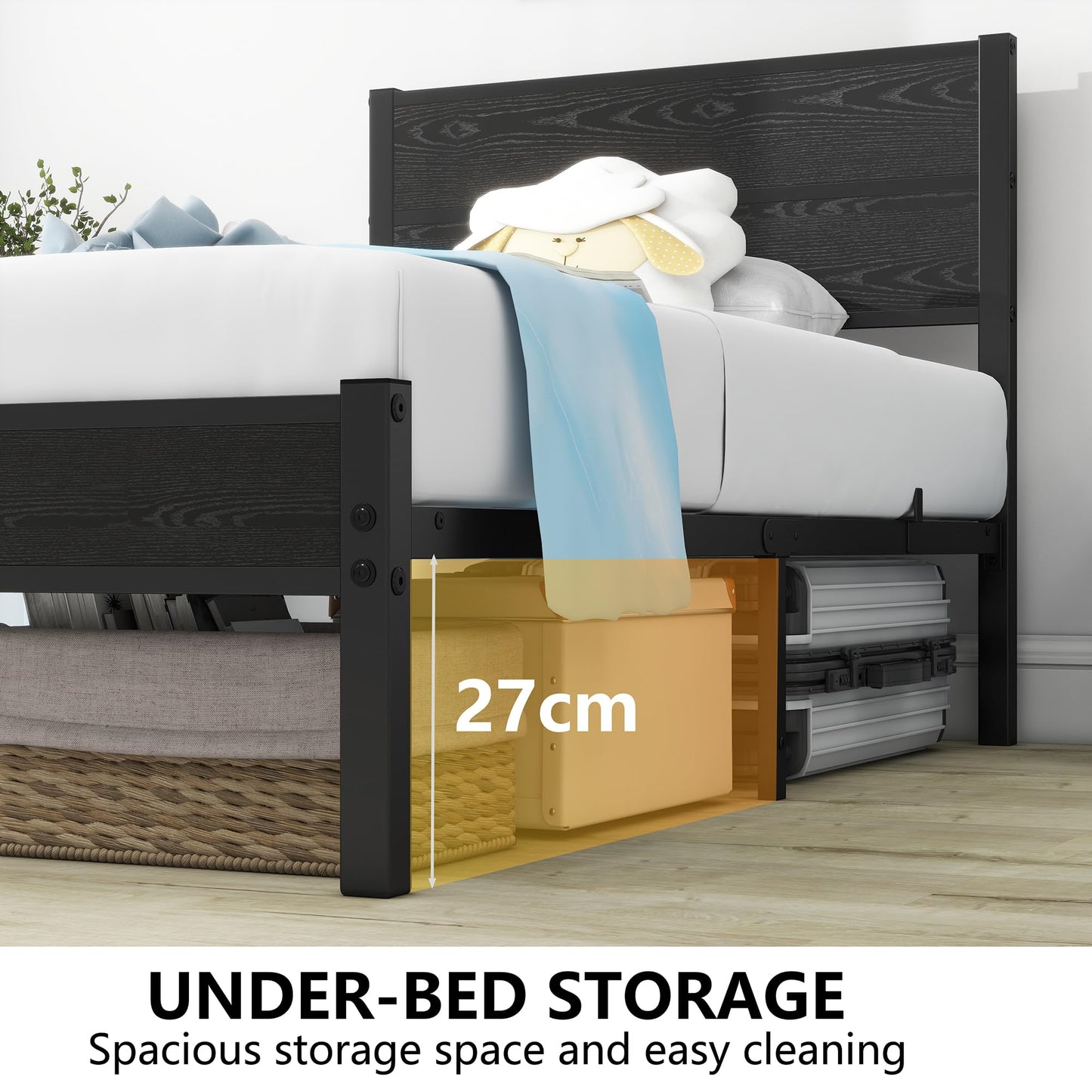 DUMEE Single Bed Frame with Wooden Headboard and Footboard, Metal 3ft Wooden Bed Frame Under Bed Storage, Enhanced Support Noise Free, Black