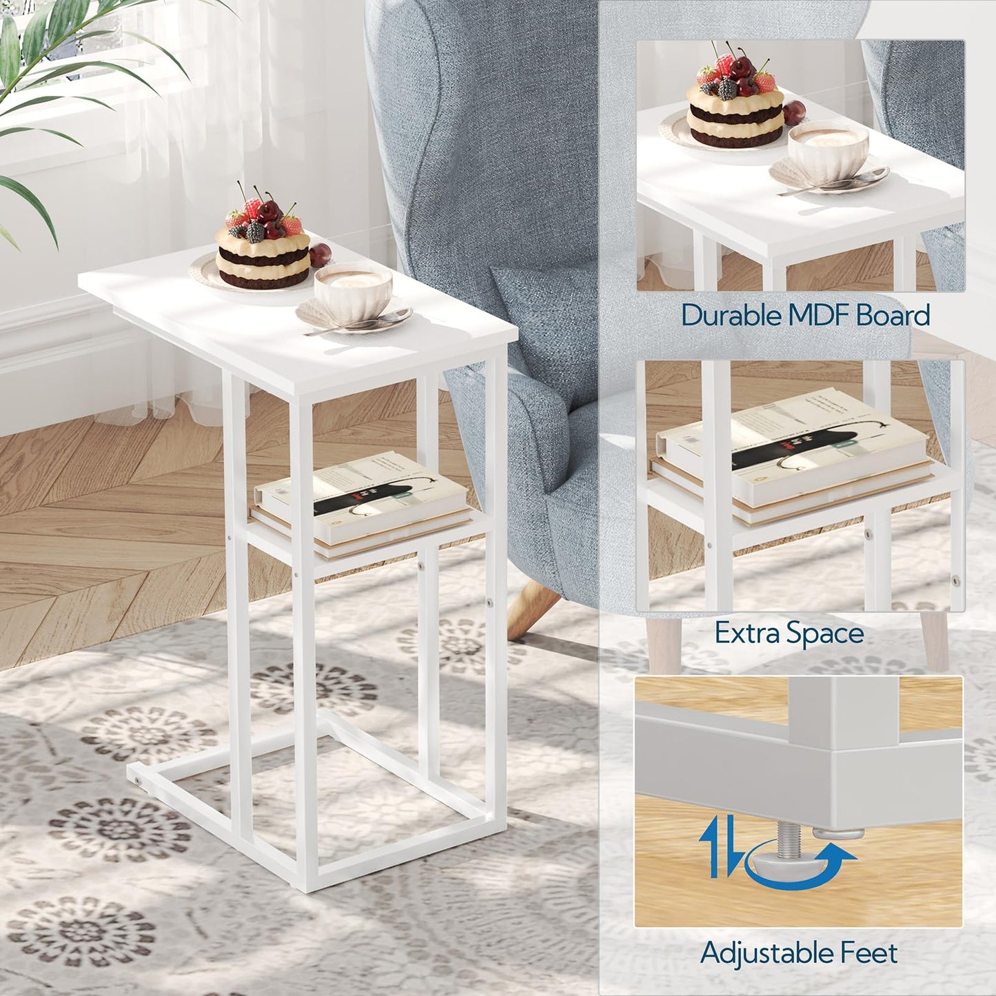 Yusong C Shaped End Table, Side Tables Slide Under Sofa Couch Bed, Small TV Tray Bedside Table for Small Spaces, Living Room, Bedroom, White
