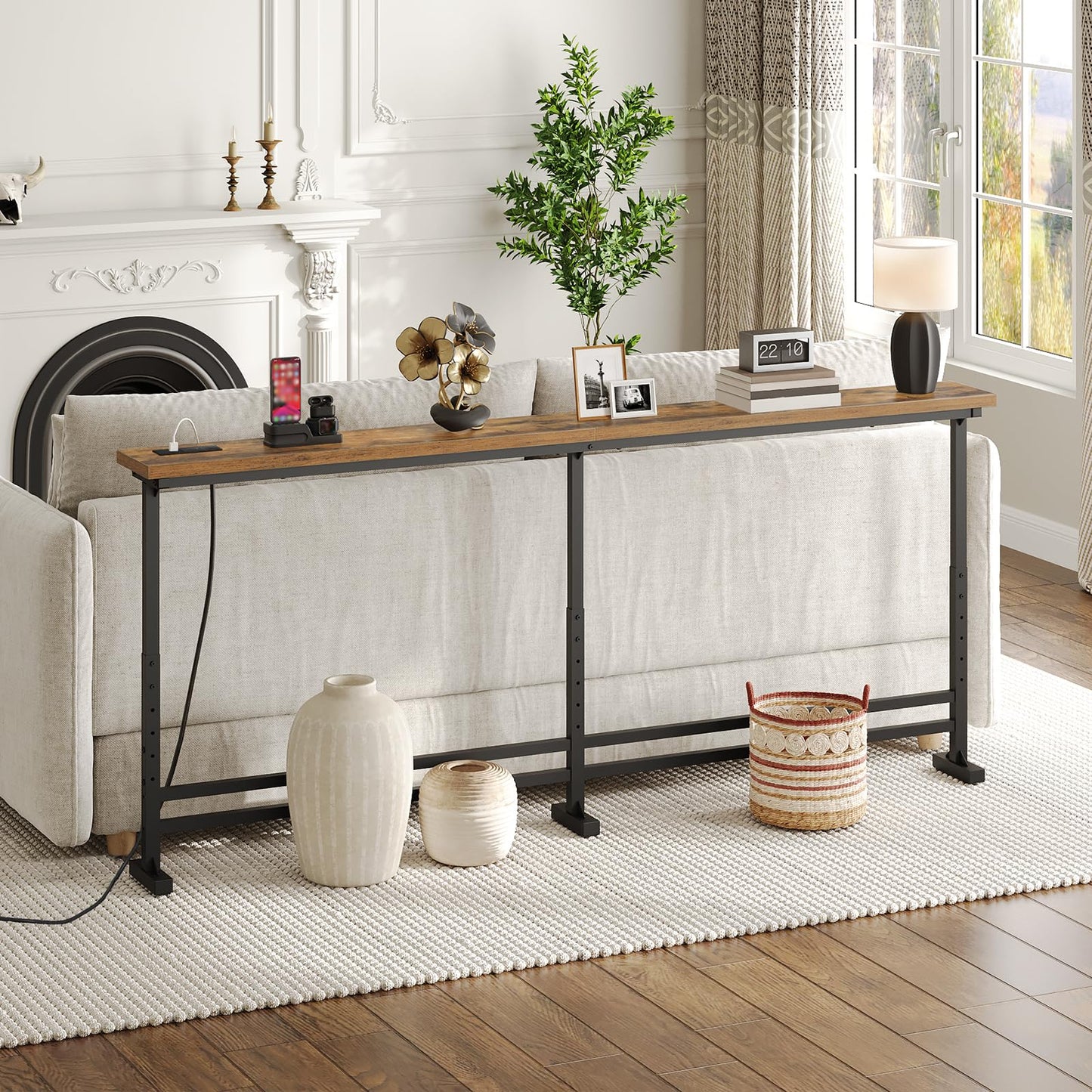 YATINEY 15 cm Slim Console Table, Height-Adjustable Behind Sofa Table, 200 cm Hallway Table, Narrow Long Sofa Table with Power Outlet