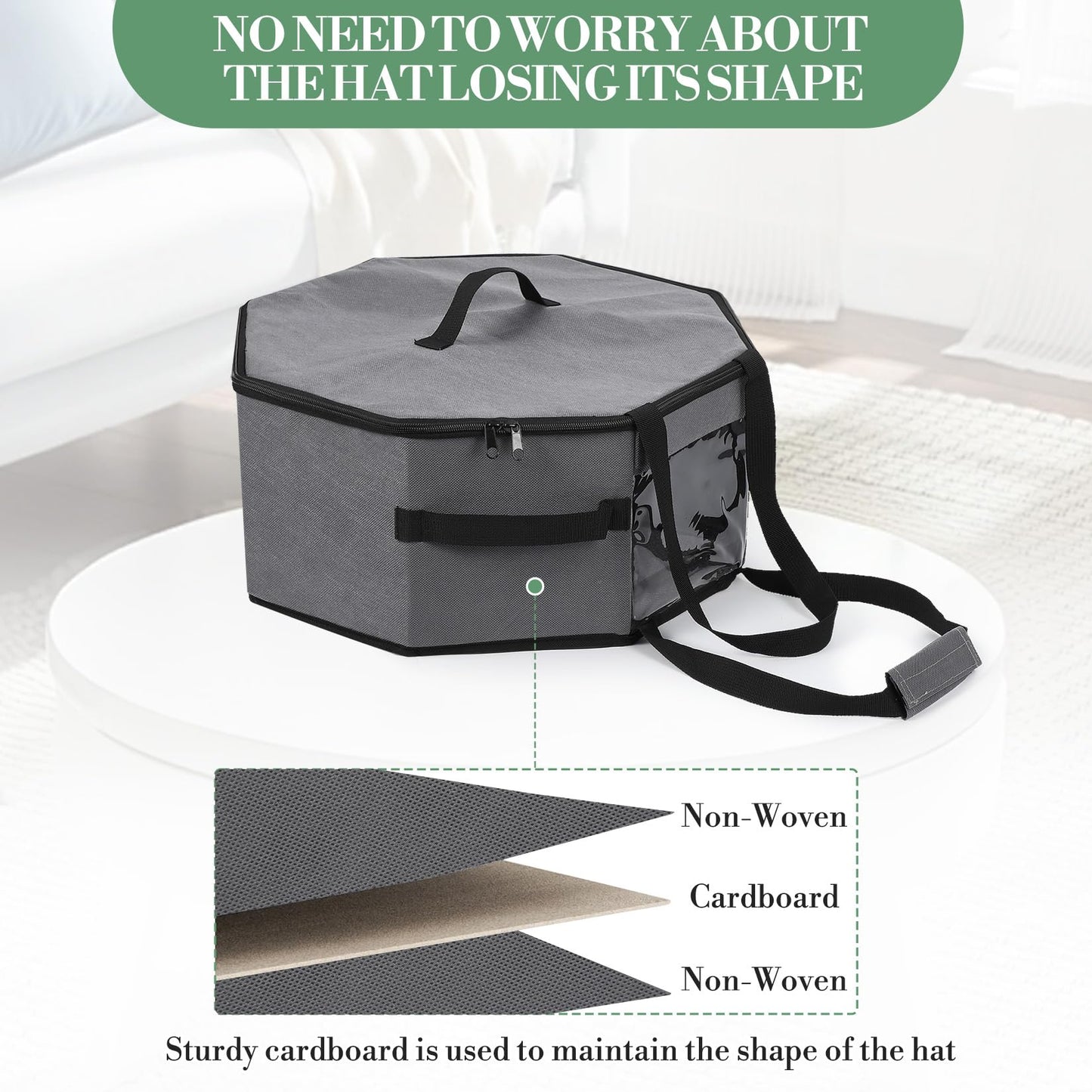 GarveeMore 3 Pack Hat Box for Travel Cowboy Hat Travel Case Carrier Bag with Shoulder Strap, 42x42x19cm Collapsible Cap Case with Cardboard