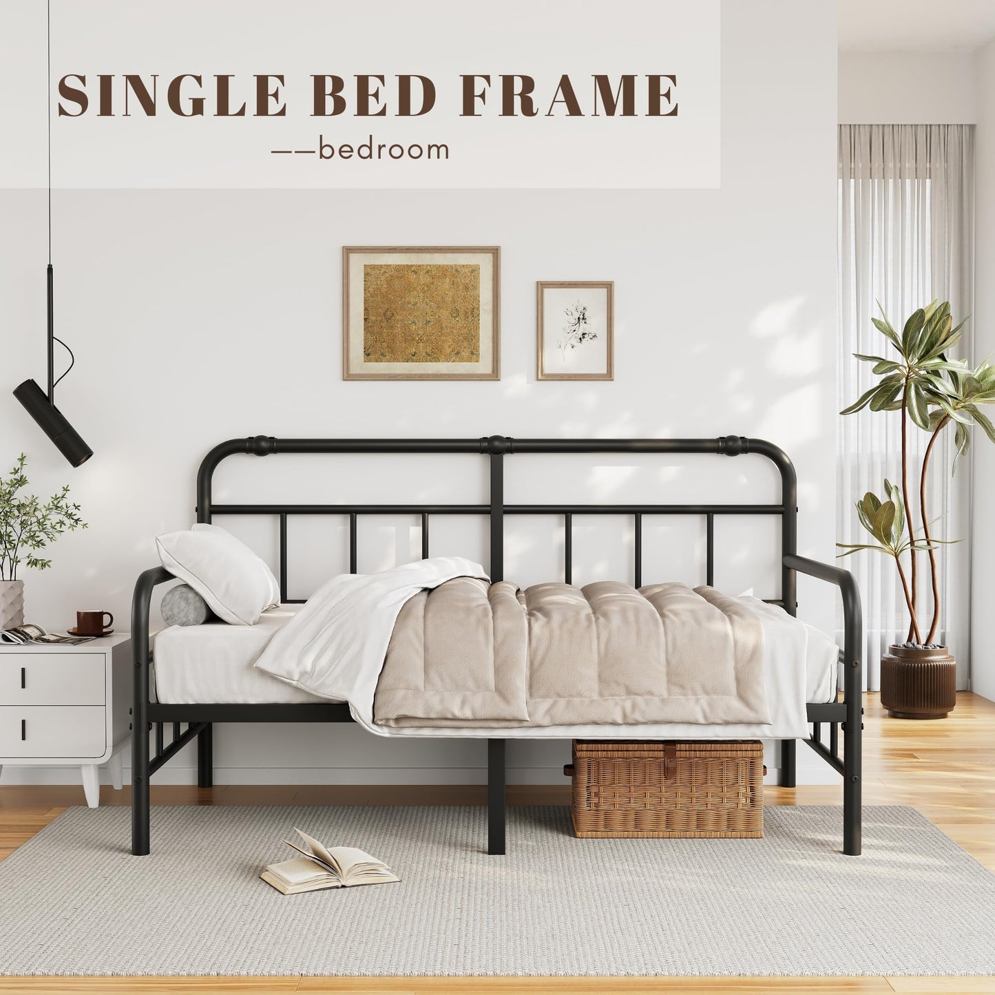 QFtime Metal Day Bed Frame with Headboard - Single Bed Frame with Underbed Storage and Steel Slat Support - Easy Assembly, Noise Free Black