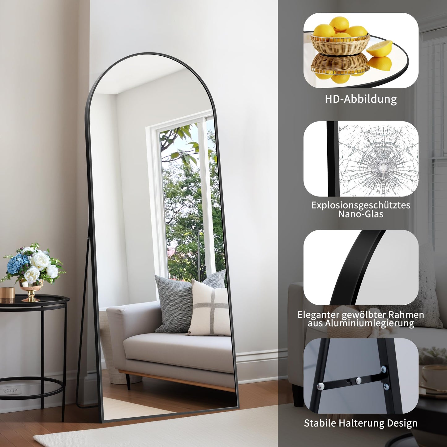 KOCUUY Arched Full Length Mirror, 161 x 52 cm Wall Mirrors, Standing or Leaning Full Body Mirror with Aluminum Alloy Frame, Suitable for Bedrooms,