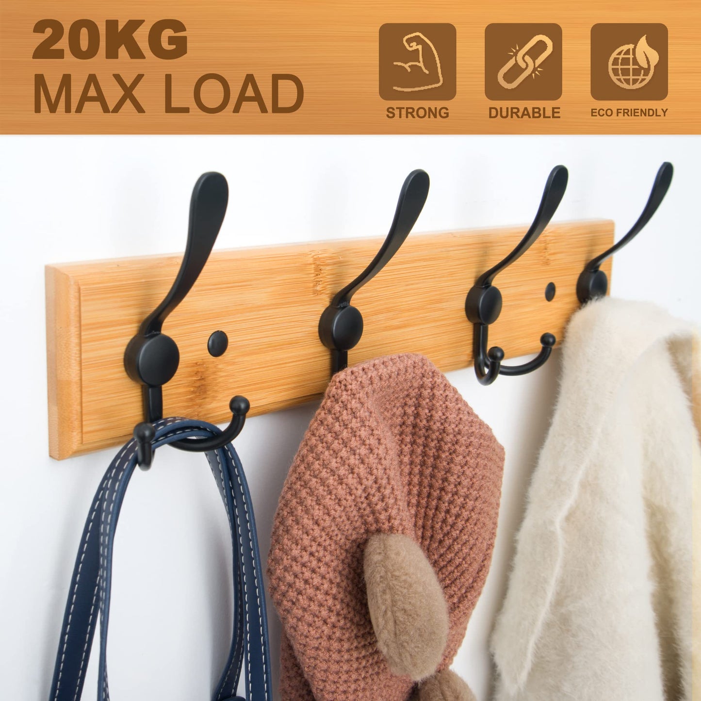 GlazieVault Bamboo Coat Hooks for Wall - Stainless Steel Coat Racks (2 Pack) - Heavy Duty Wooden Coat Hook Wall Mounted