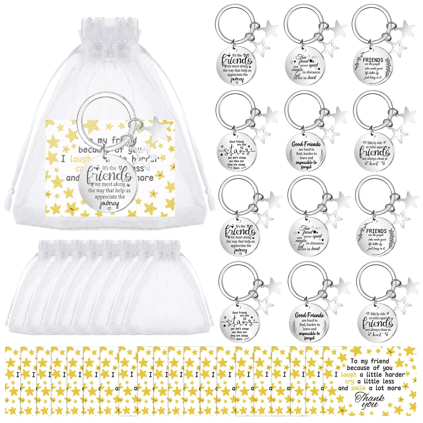 CNSJ 12 Sets Friendship Keychain Best Friend Keyring with Cards Organza Bags Gifts Star Keychains Bulk for Friends Bestie Women Birthdays Graduation
