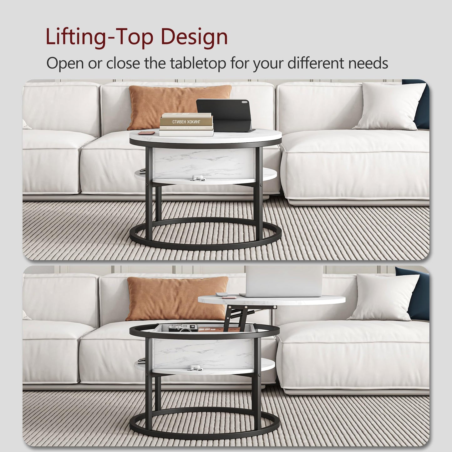 HOJINLINERO Round Coffee Table,Lift Top Coffee Tables for Living Room,Wooden Table with Hidden Storage & Lift Up Top,Modern Sofa Tea End Center