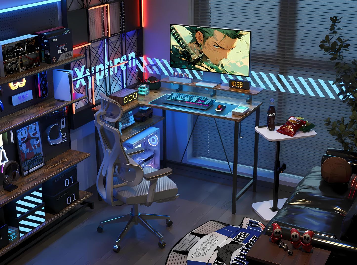 Xyphren L Shaped Gaming Desk with RGB LED Lights & Power Outlets,Corner Computer Desk with Adjustable Shelves