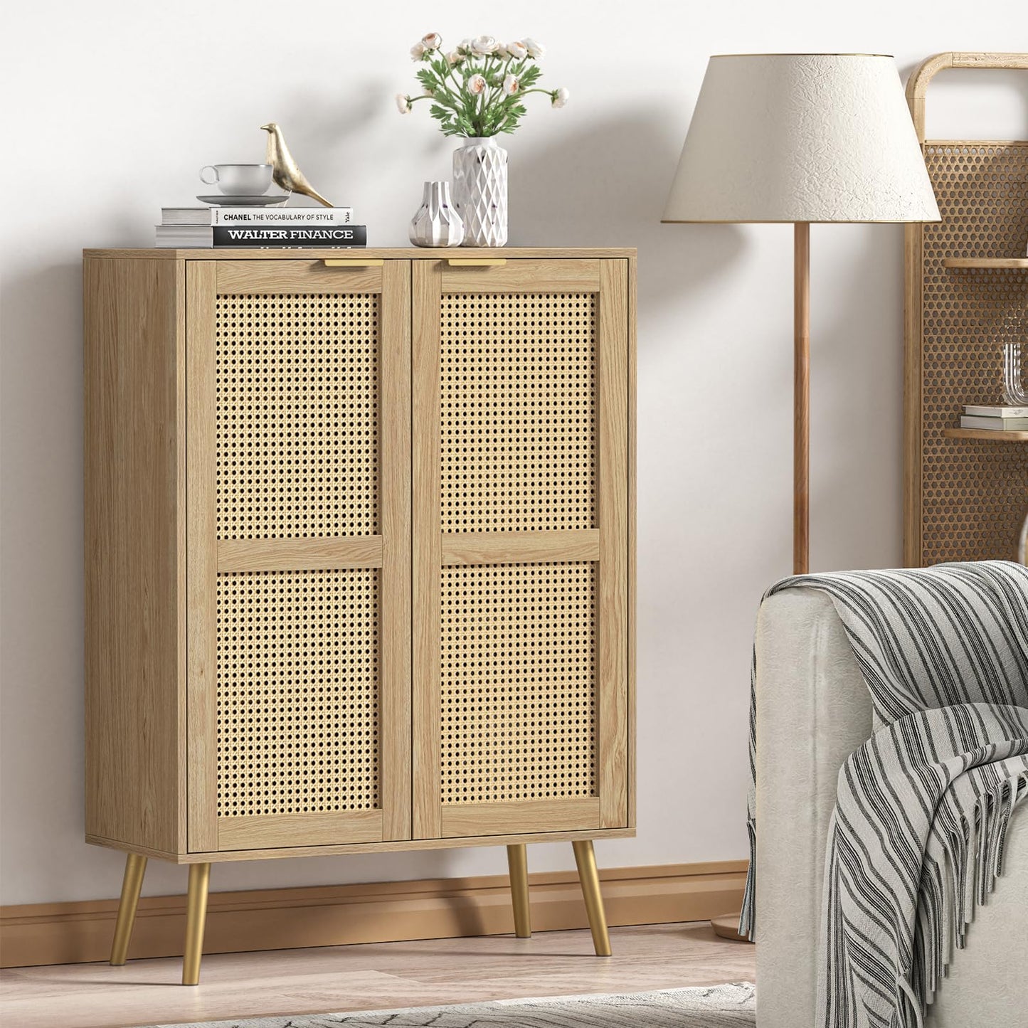 Yvsevnr Rattan Tall Sideboard for Living Room, Hallway Storage Cabinet with 3 Adjustable Shelf