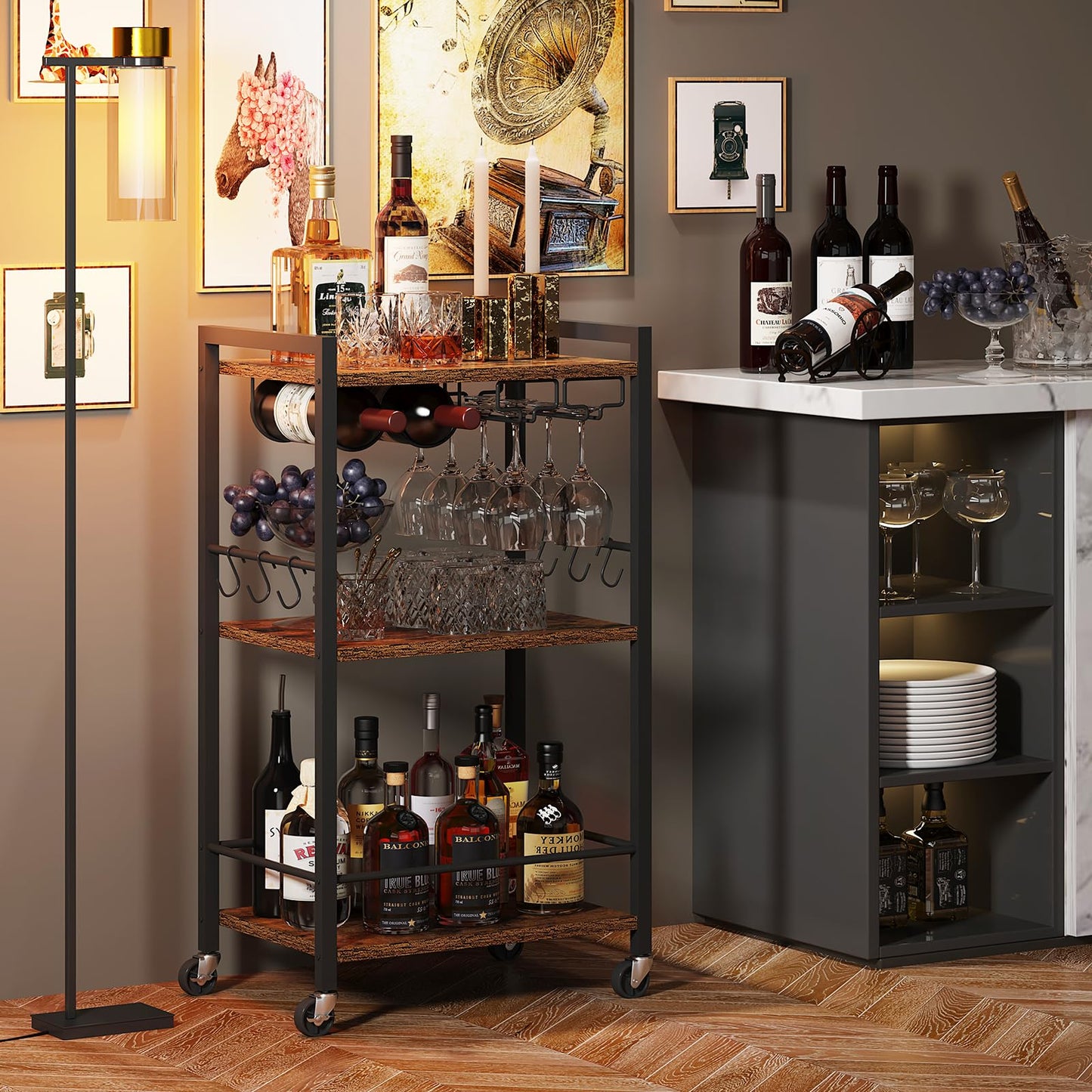 TUTOTAK Drinks Trolley, Bar Cart with 3-Tier Shelf, Serving Trolley with Wine Rack, Glass Holder, Rolling bar cart for the Home, Living Room