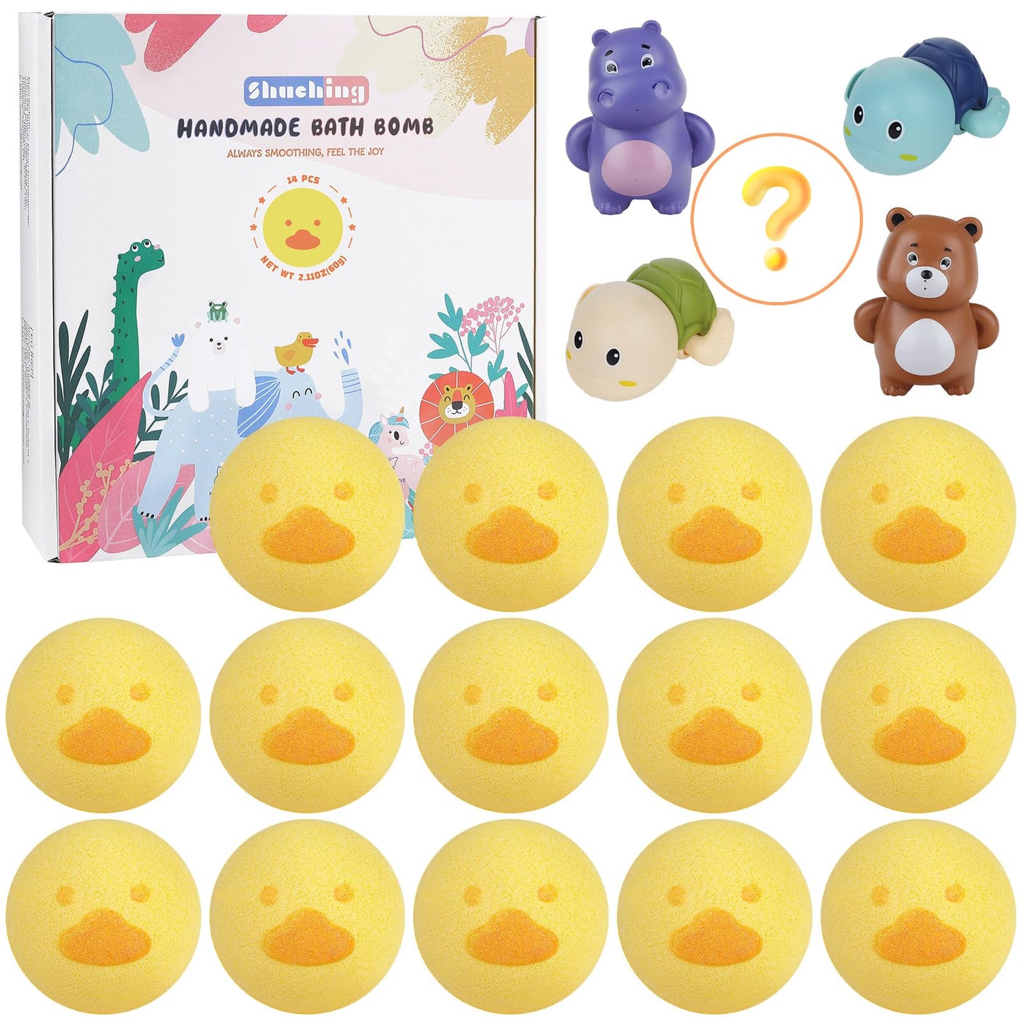 SHUCHING 14pc Yellow Shapes Bath Bombs for Kids with Toys, Handmade Kids Bath Bombs Gift Set with Water Pistols, Natural Organic Bubble Bath for Boys