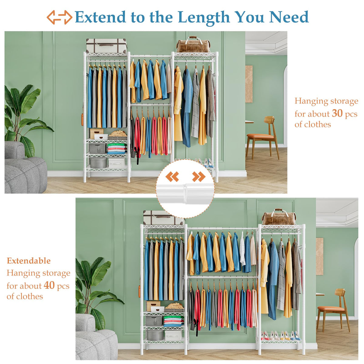 KZOBYD Expandable Clothes Rail Rack, Length 70.2-88.2 inch White