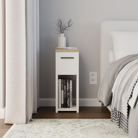 ComfortCove Narrow Bedside Table with Storage Shelf & Handle, White/Oak