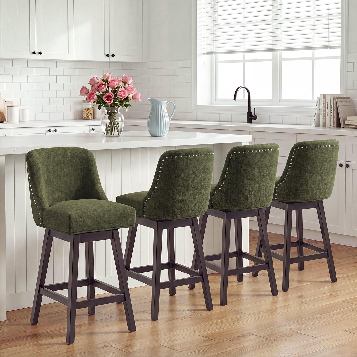 Bar Stools Set of 4, 360° Swivel Upholstered Counter Stools with Back, Wooden Frame Kitchen Bar Chairs with Nailhead Trim