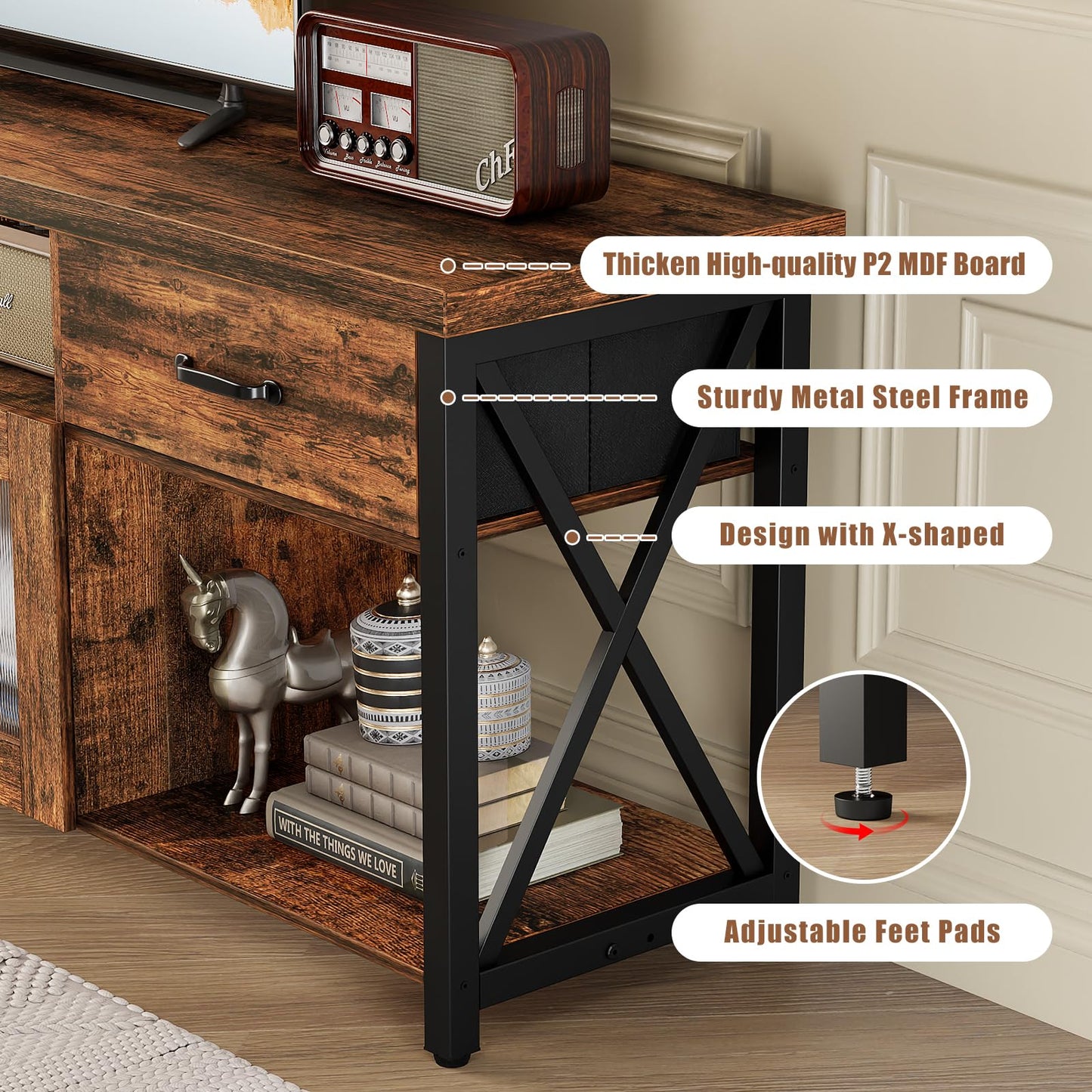 TV Stand Cabinet, 180cm Wooden TV Unit with Soundbar Shelf & Storage Drawers, Steel Frame, Industrial TV Console Table