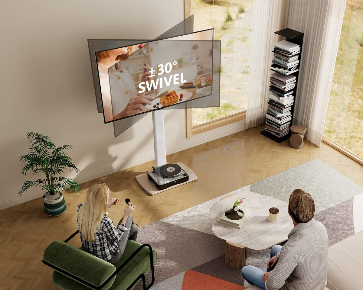 FITUEYES White TV Floor Stand with 20mm Wood Base for 32-70 Inch TV