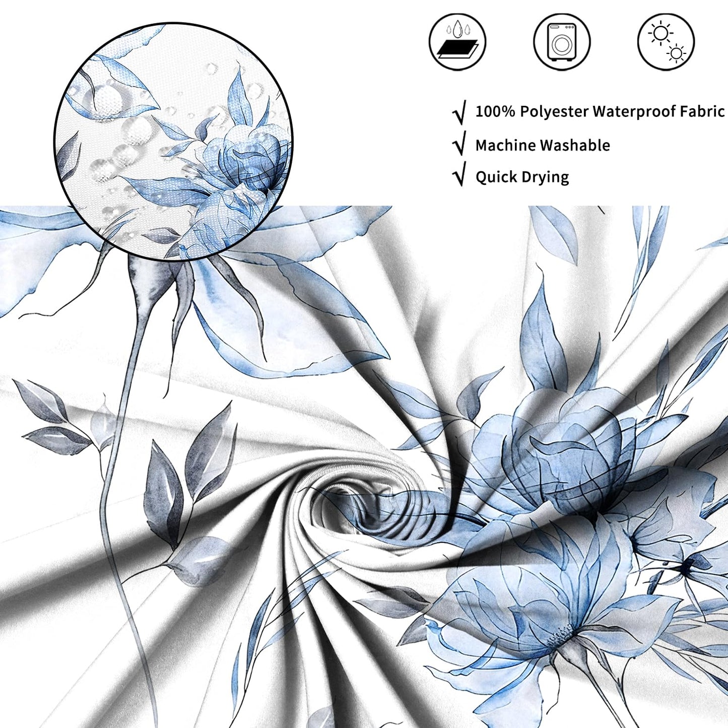 ASDCXZ Watercolor Floral Shower Curtain 180x200 cm, Ink Painting Style Blue Flowers Leaves Spring Plants Waterproof Bath Curtain Polyester Textile