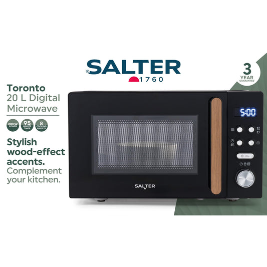 Salter EK5932BLK Toronto 20L Digital Microwave 95-Minute Timer, Defrost, 25.5cm Glass Turntable, 8 Auto-Function Presets, LED Display, Wood-Effect