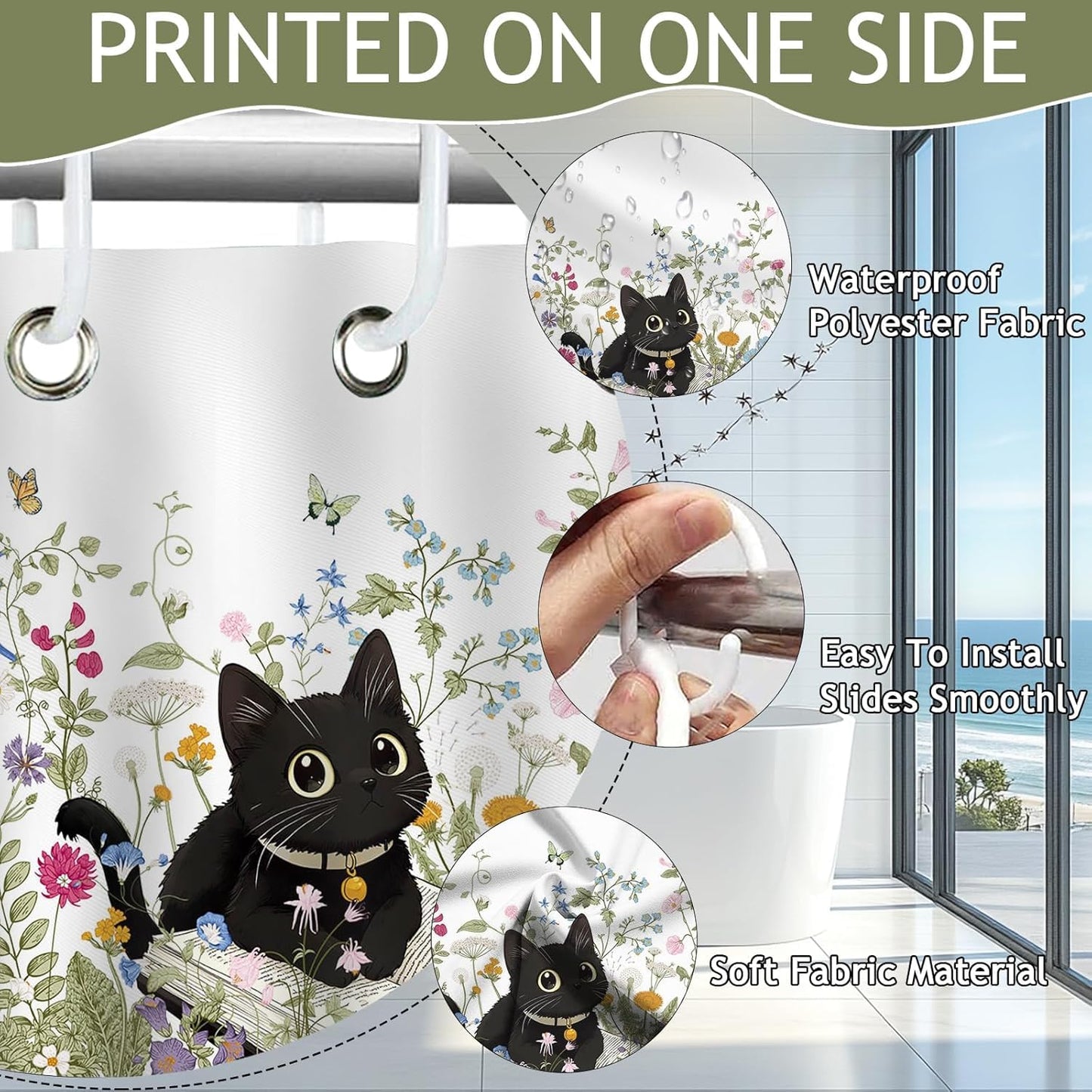 Avezano Cat Shower Curtain Cute Black Cat Floral Bathroom Shower Curtain Flower Kids Waterproof Fabric Shower Curtains Bathtub Decor with 12 Hooks 72