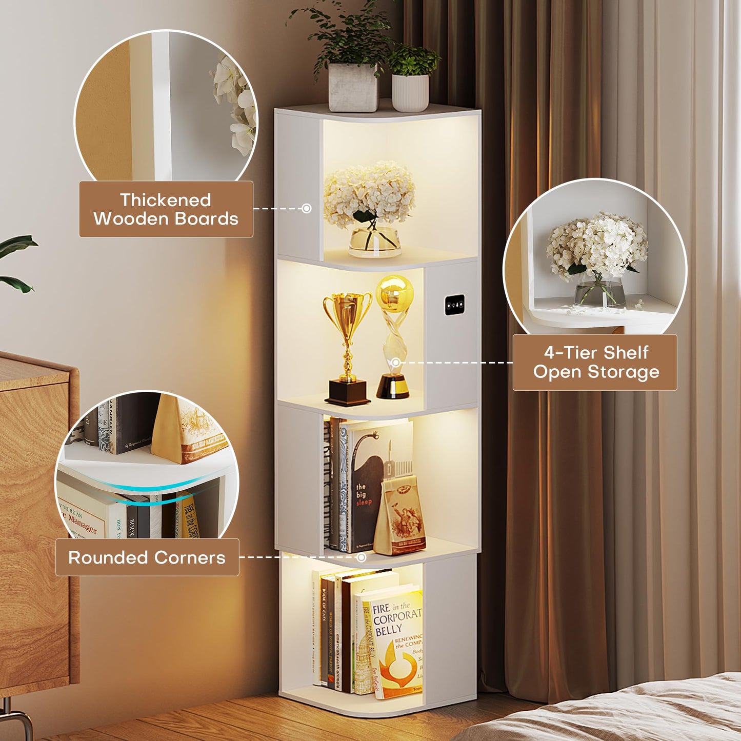 55.1 " Corner Wood Bookcase with Body Sensor LED for Home Office,White