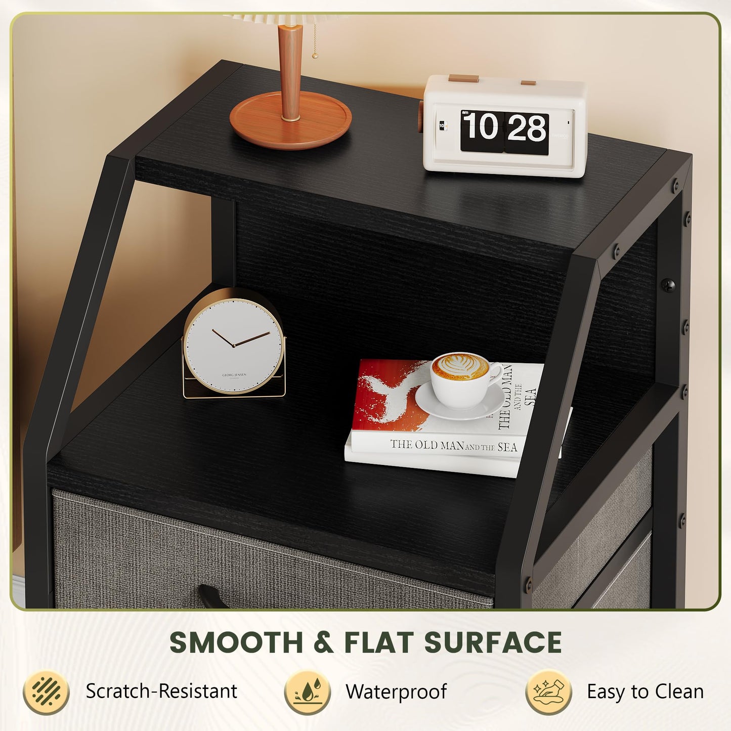 Feonase Bedside Table with 2 Fabric Drawers, Bedside Cabinet With 3-Tier Storage, Sturdy Metal Frame, Living Room Modern, Deep Grey