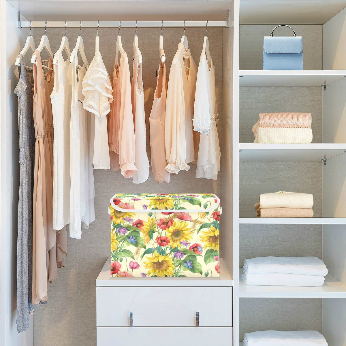 Mnsruu Storage Boxes with Lids, Shabby Chic Sunflower Poppy Daisy Large Storage Basket Organizer Shelves Cube Bin Toy Clothes Underbed