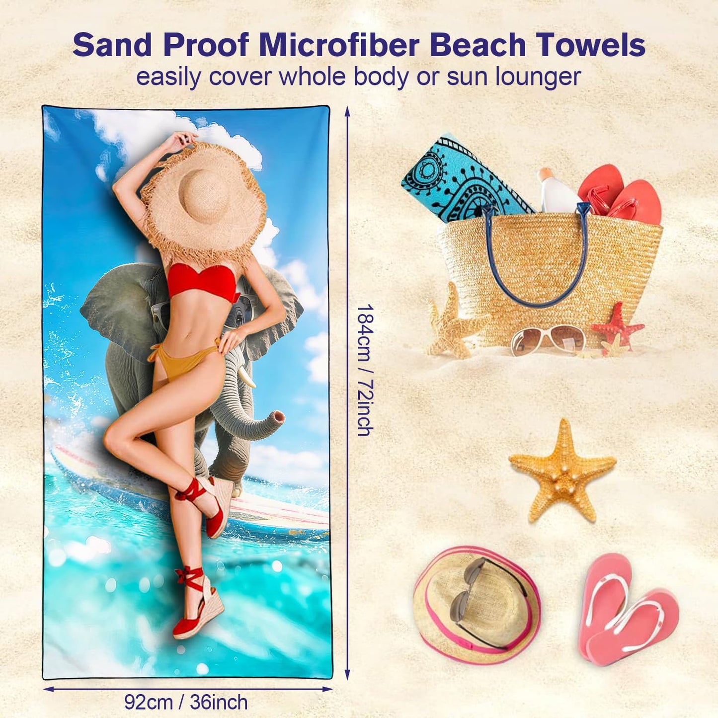 Violetpos Surfing Elephant with Sunglasses Silhouette Beach Towel, Extra Large 180x90 cm 250GSM Microfibre, Sand Free Quick Dry
